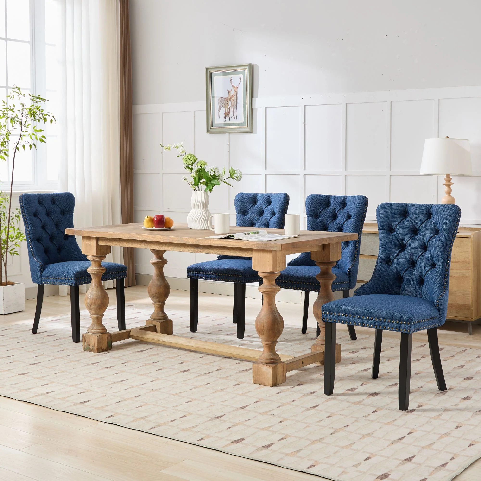 Rosewick Modern Tufted Linen Nailhead Trim Solid Wood Upholstered Dining Chair with Black Legs, Set of 2 - Image 20