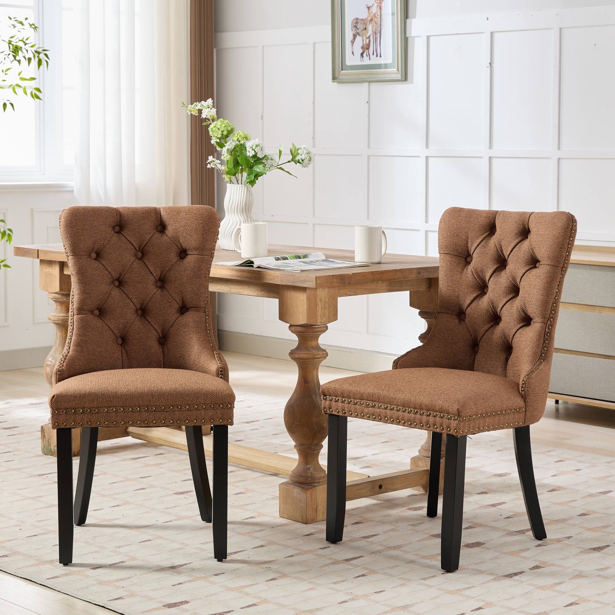 Rosewick Modern Tufted Linen Nailhead Trim Solid Wood Upholstered Dining Chair with Black Legs, Set of 2 - Image 36
