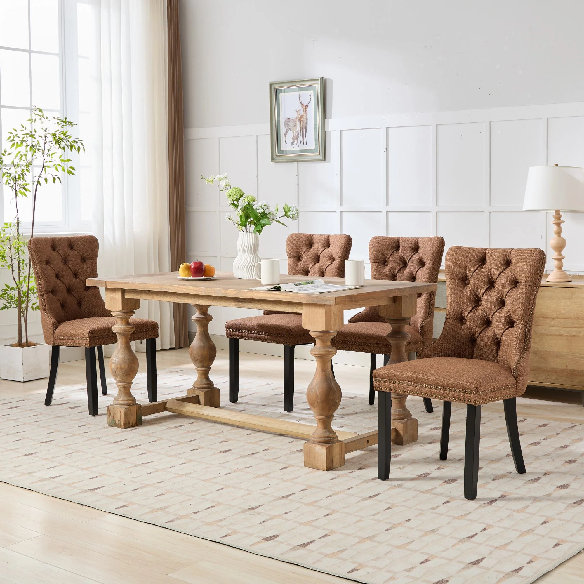 Rosewick Modern Tufted Linen Nailhead Trim Solid Wood Upholstered Dining Chair with Black Legs, Set of 2 - Image 42