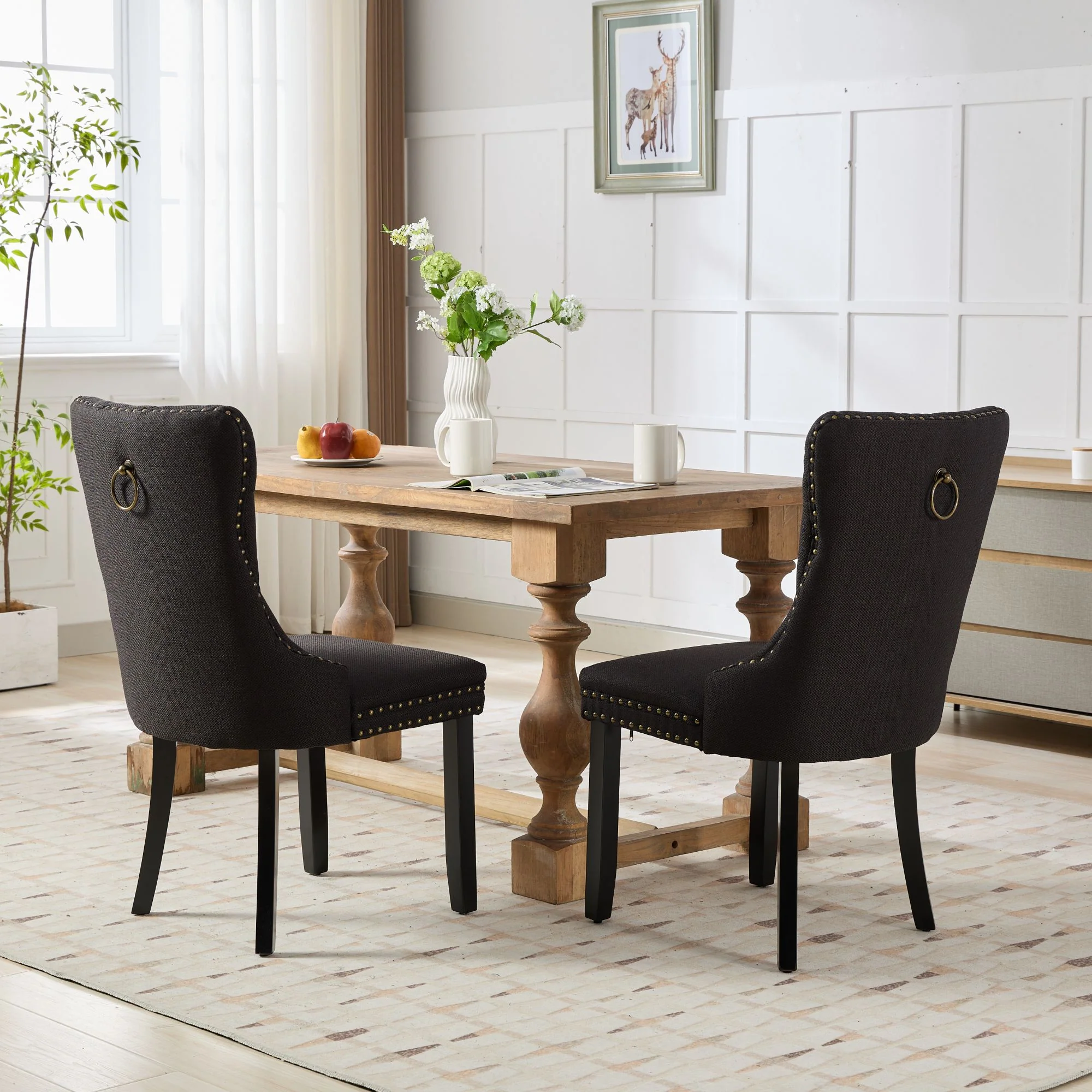 Rosewick Modern Tufted Linen Nailhead Trim Solid Wood Upholstered Dining Chair with Black Legs, Set of 2 - Image 59