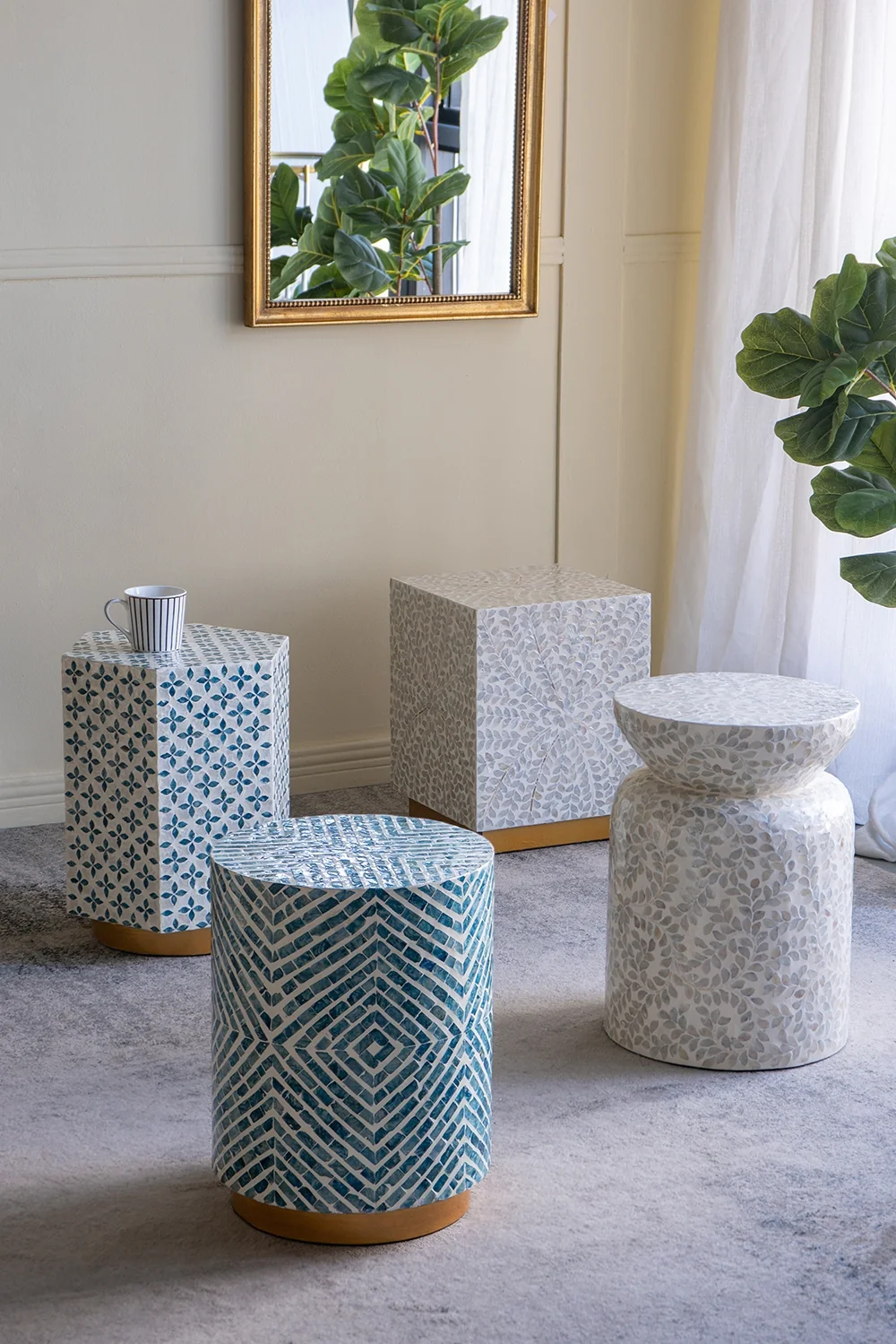 Round Blue & White Capiz Side Table - Image 2