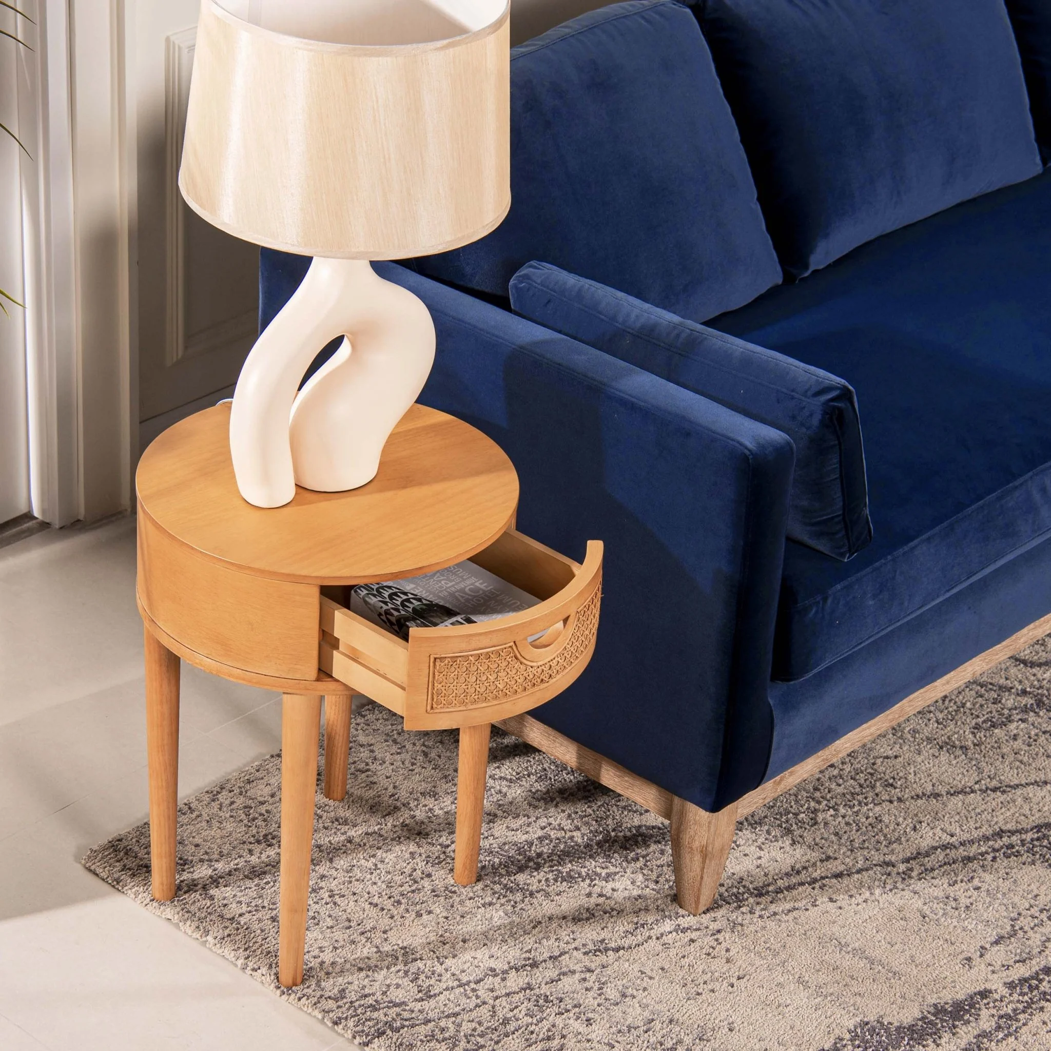 Round Cane Rattan Storage Side Table with Drawer - Image 10