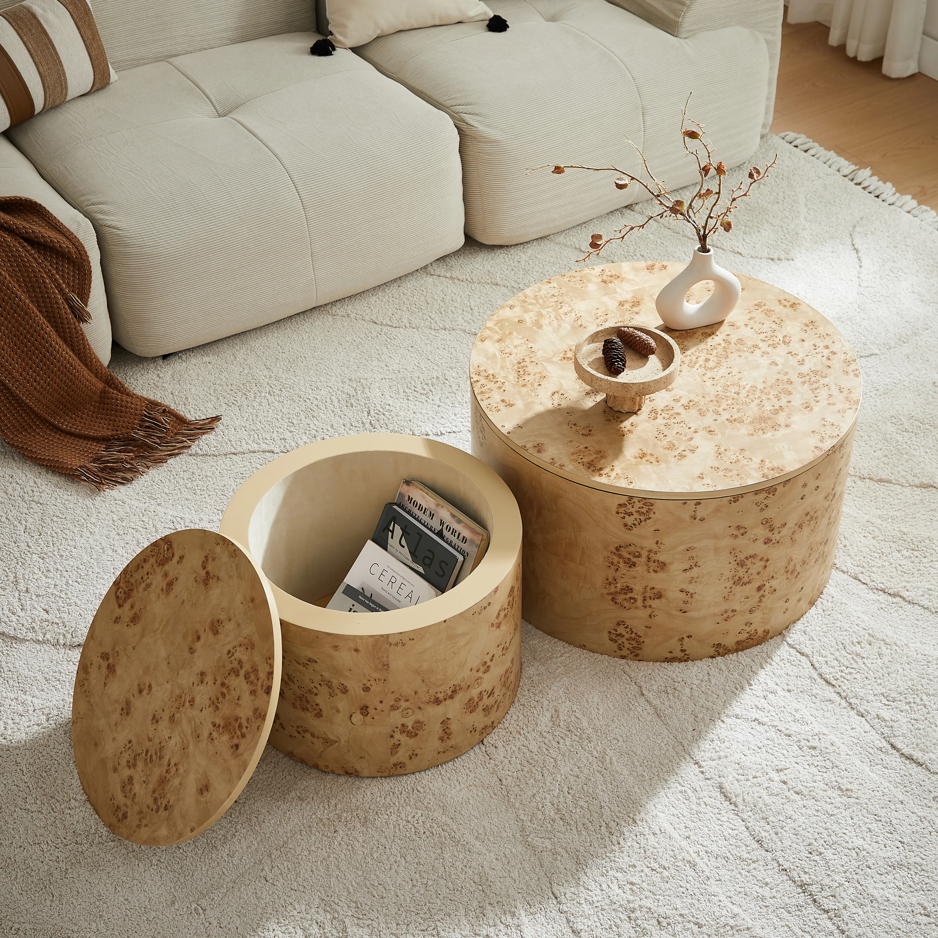 Round Coffee Table Set with Burl Wood Veneer - Image 4