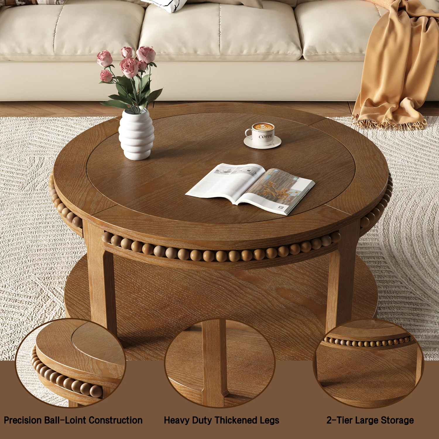 Round Solid Wood Coffee Table with Beaded Accent Edge - Image 17