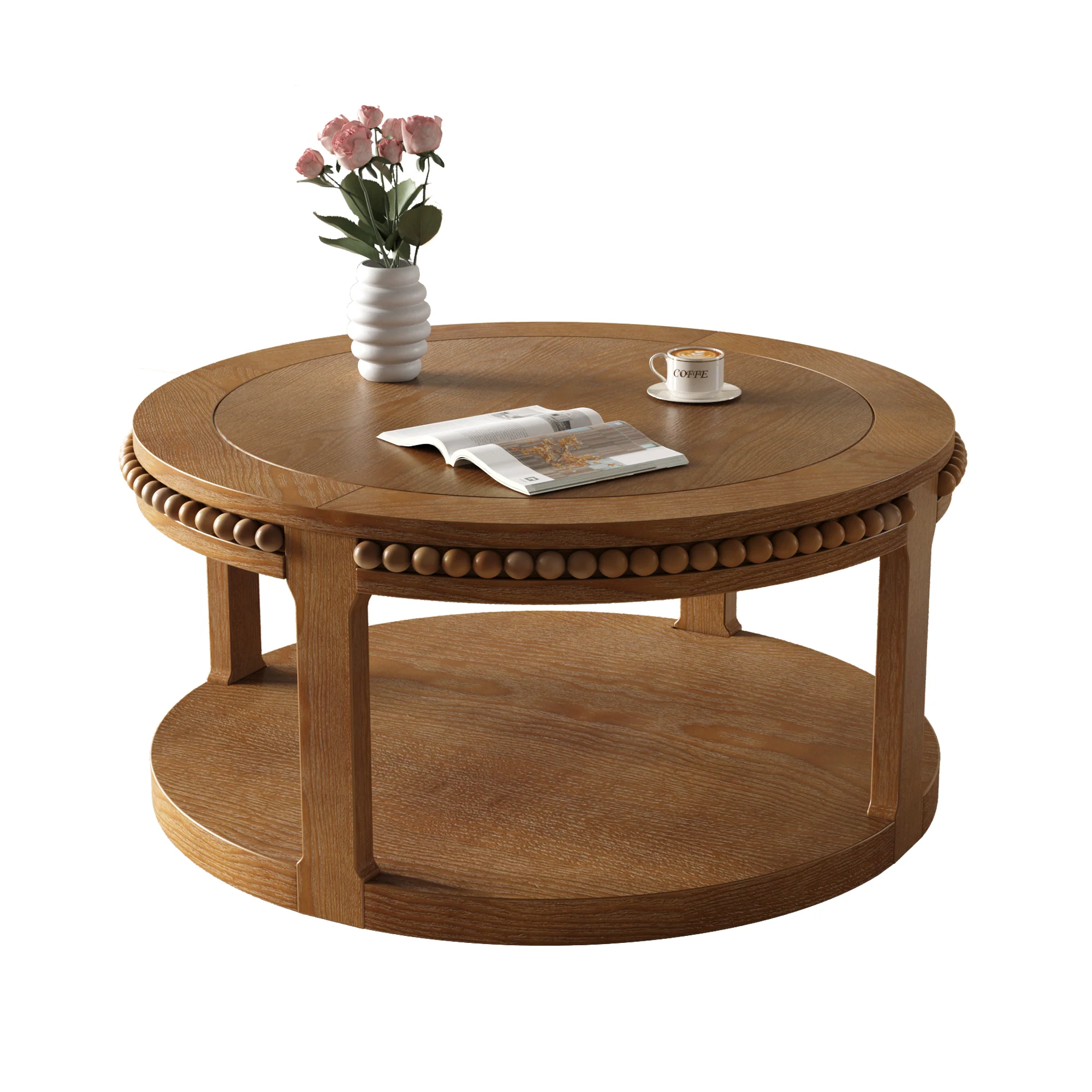 Round Solid Wood Coffee Table with Beaded Accent Edge - Image 25