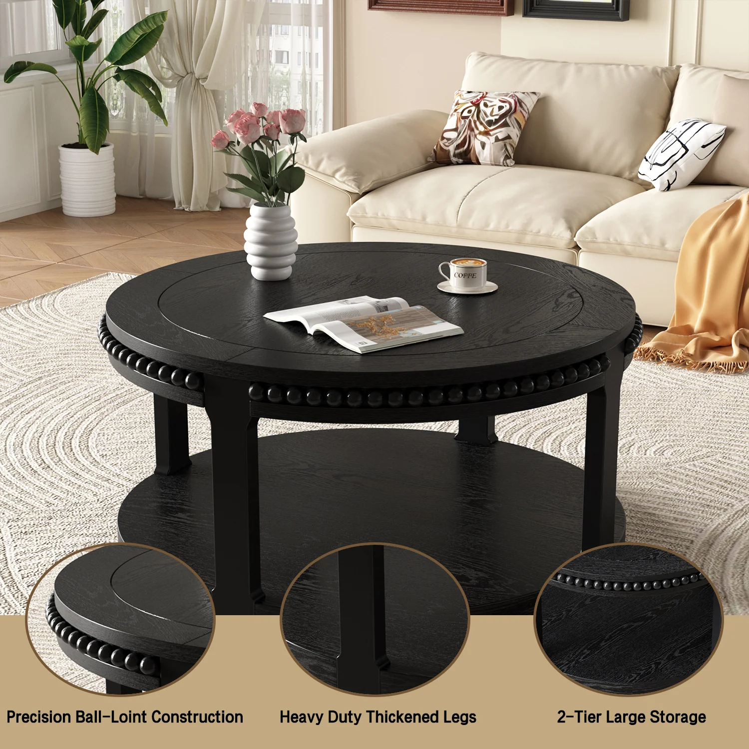 Round Solid Wood Coffee Table with Beaded Accent Edge - Image 31