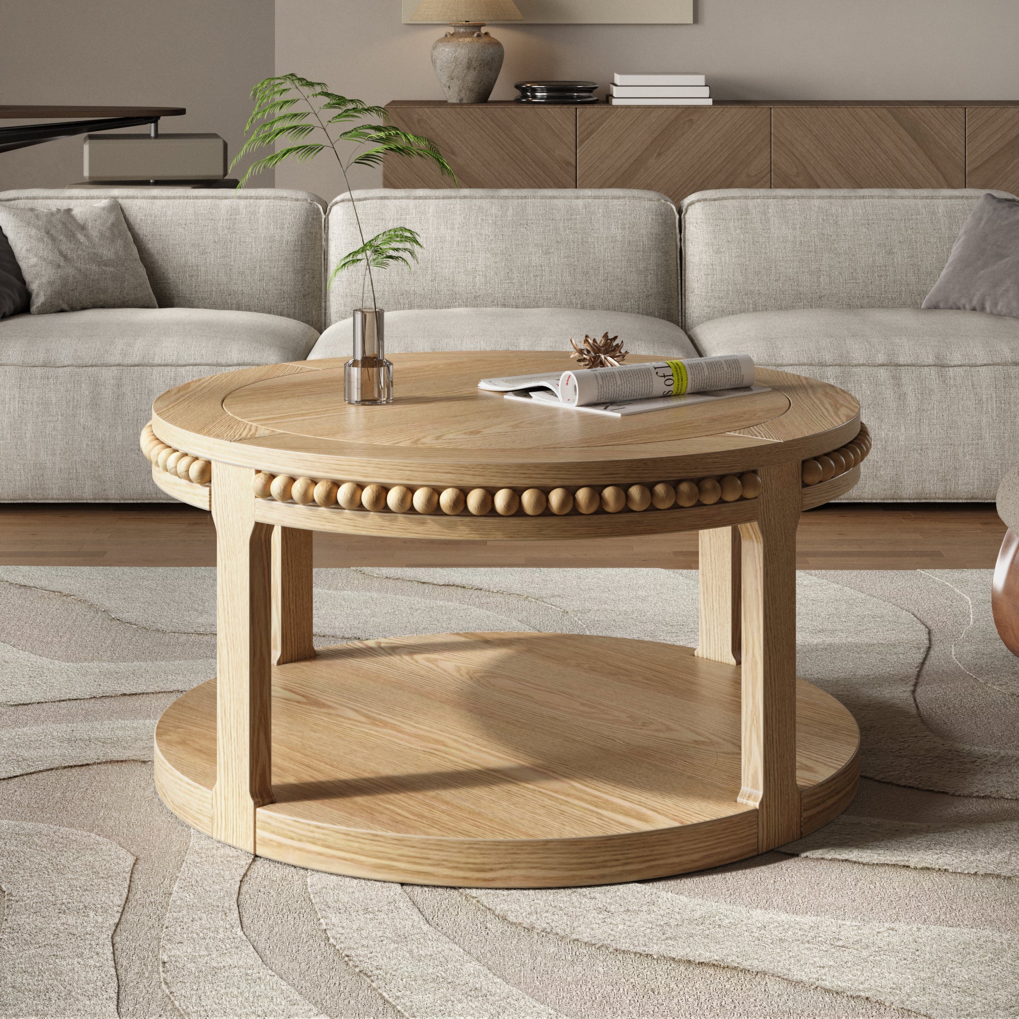 Round Solid Wood Coffee Table with Beaded Accent Edge - Image 5