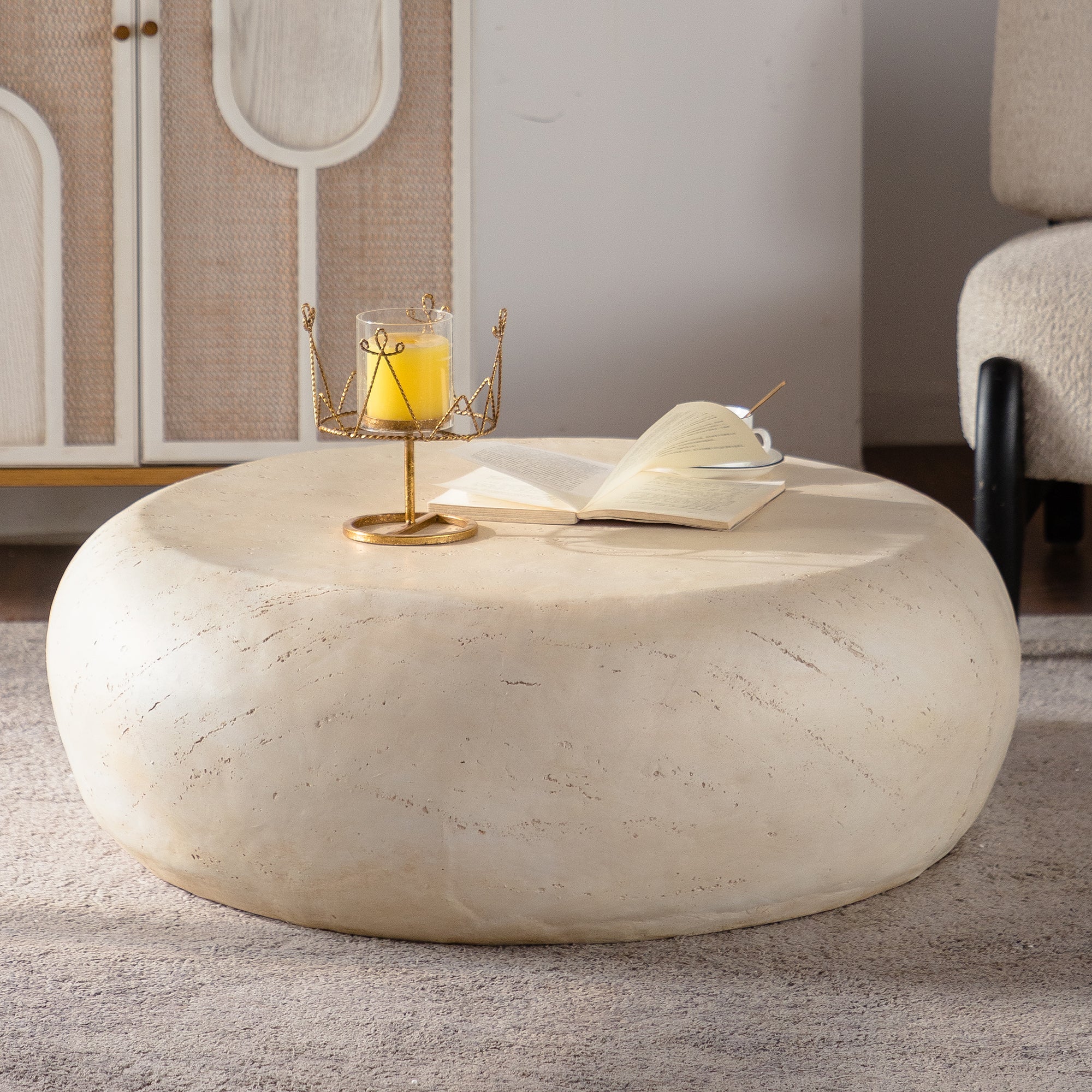 Round Stone-Look Modern Coffee Table - Image 6