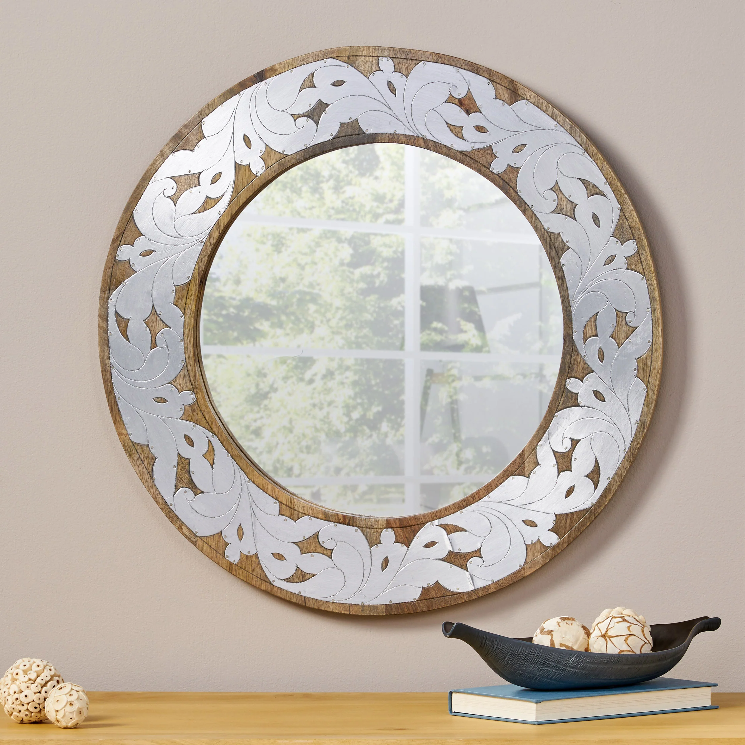 Round Wall Mirror with Metal Floral Pattern and Wood Frame - Image 2
