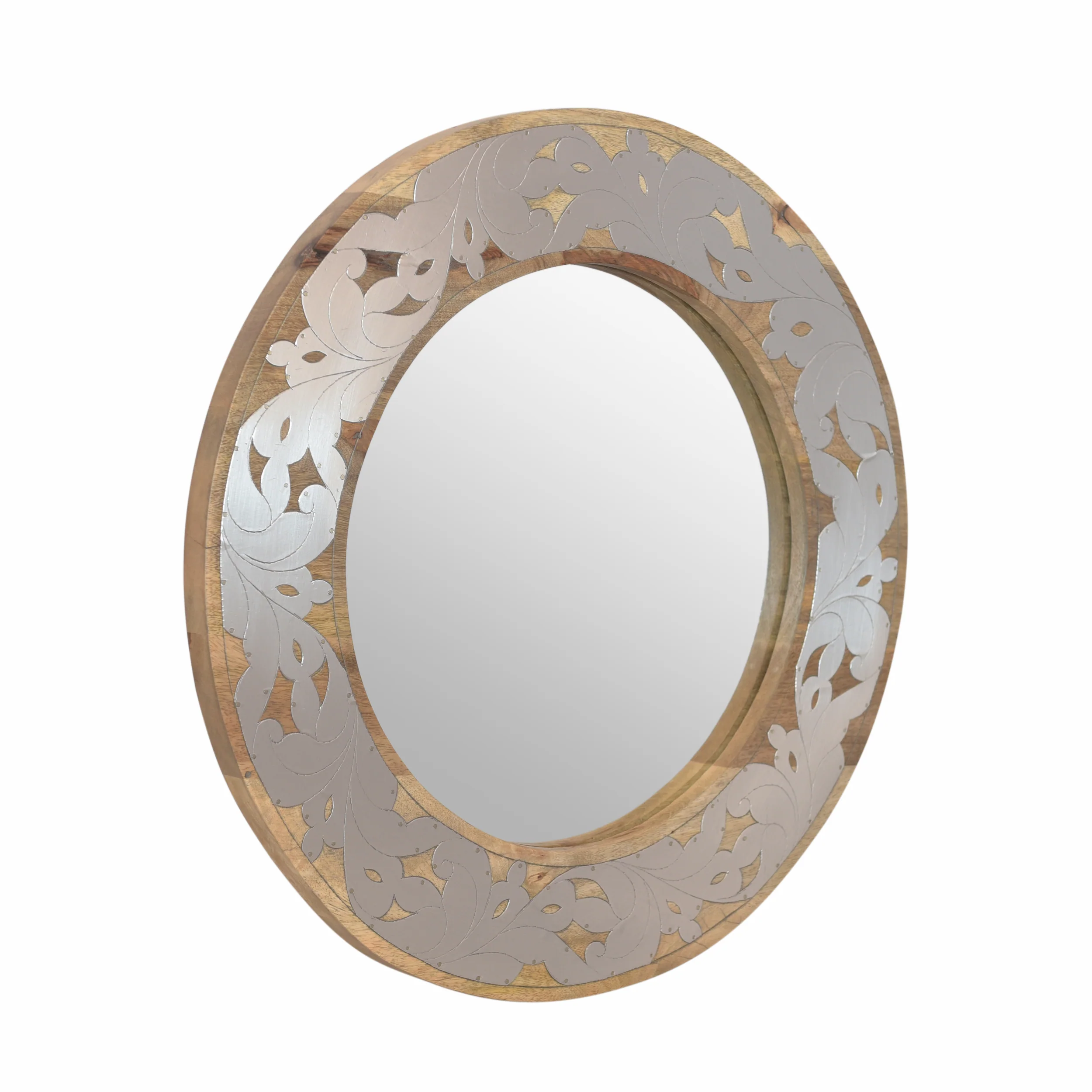 Round Wall Mirror with Metal Floral Pattern and Wood Frame - Image 3