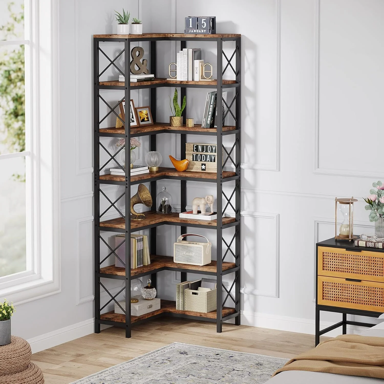 Rustic Brown Wood & Metal 7-Tier Corner Bookshelf - Image 11