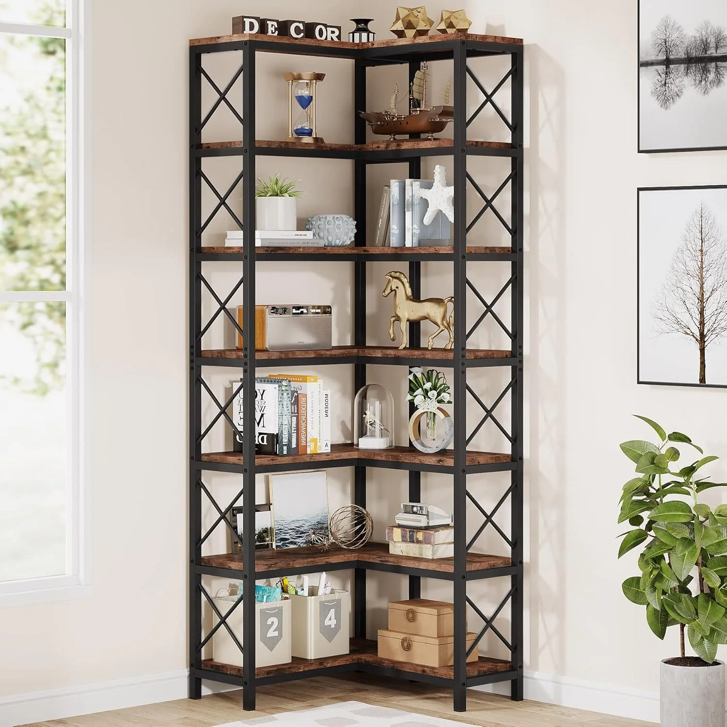 Rustic Brown Wood & Metal 7-Tier Corner Bookshelf - Image 2