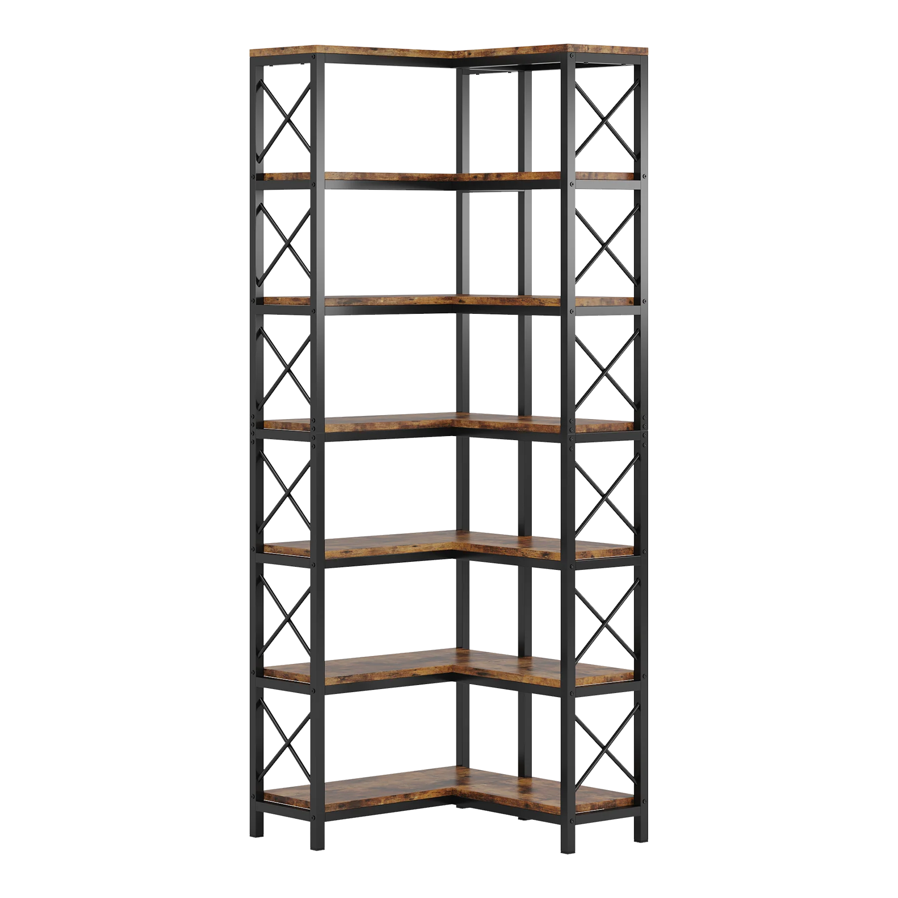 Rustic Brown Wood & Metal 7-Tier Corner Bookshelf - Image 4