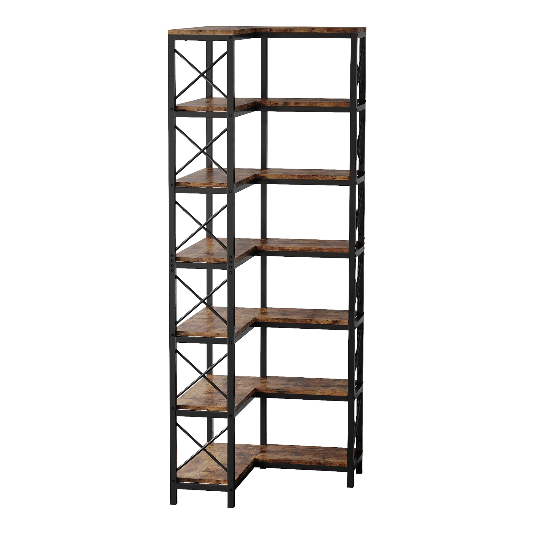Rustic Brown Wood & Metal 7-Tier Corner Bookshelf - Image 5