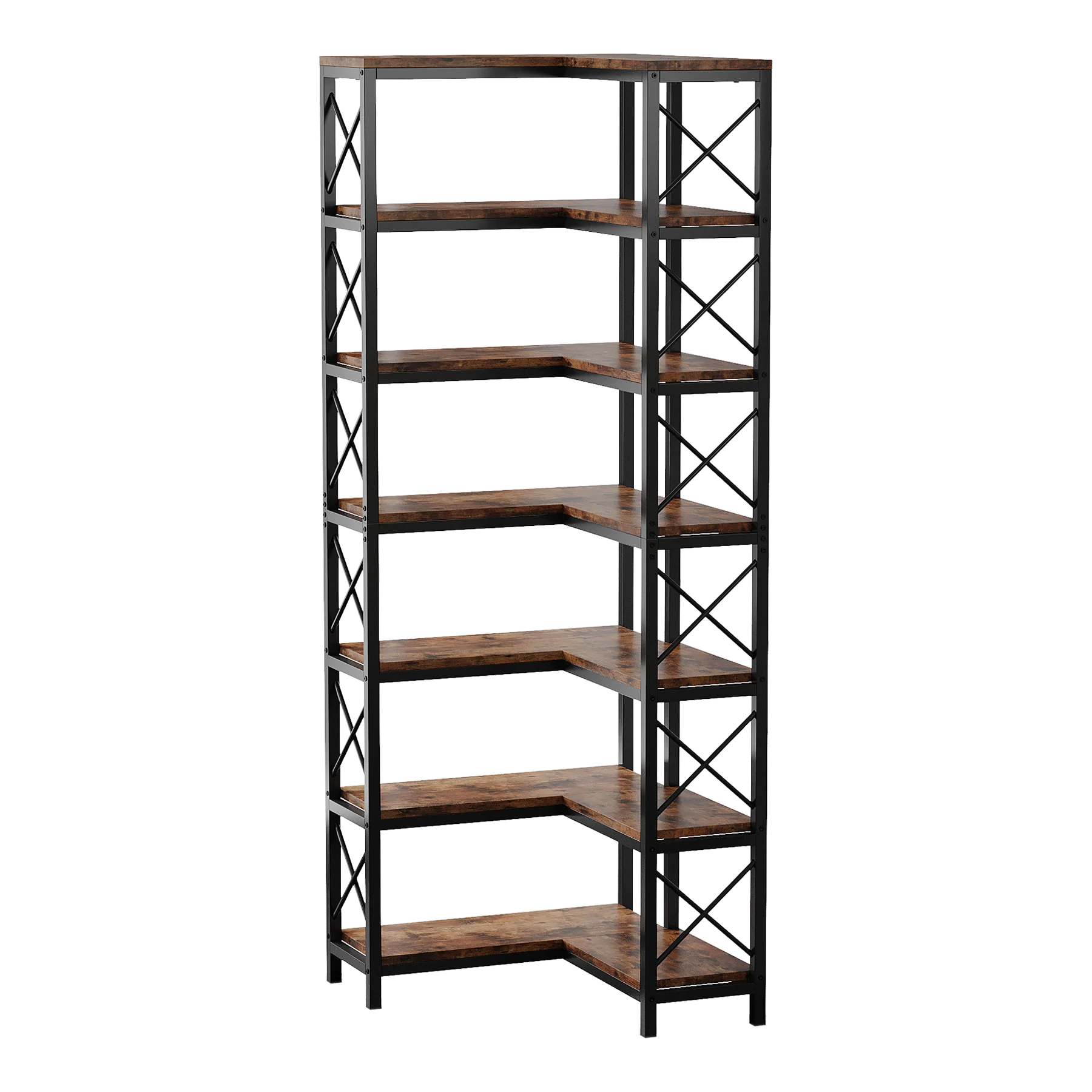 Rustic Brown Wood & Metal 7-Tier Corner Bookshelf - Image 6