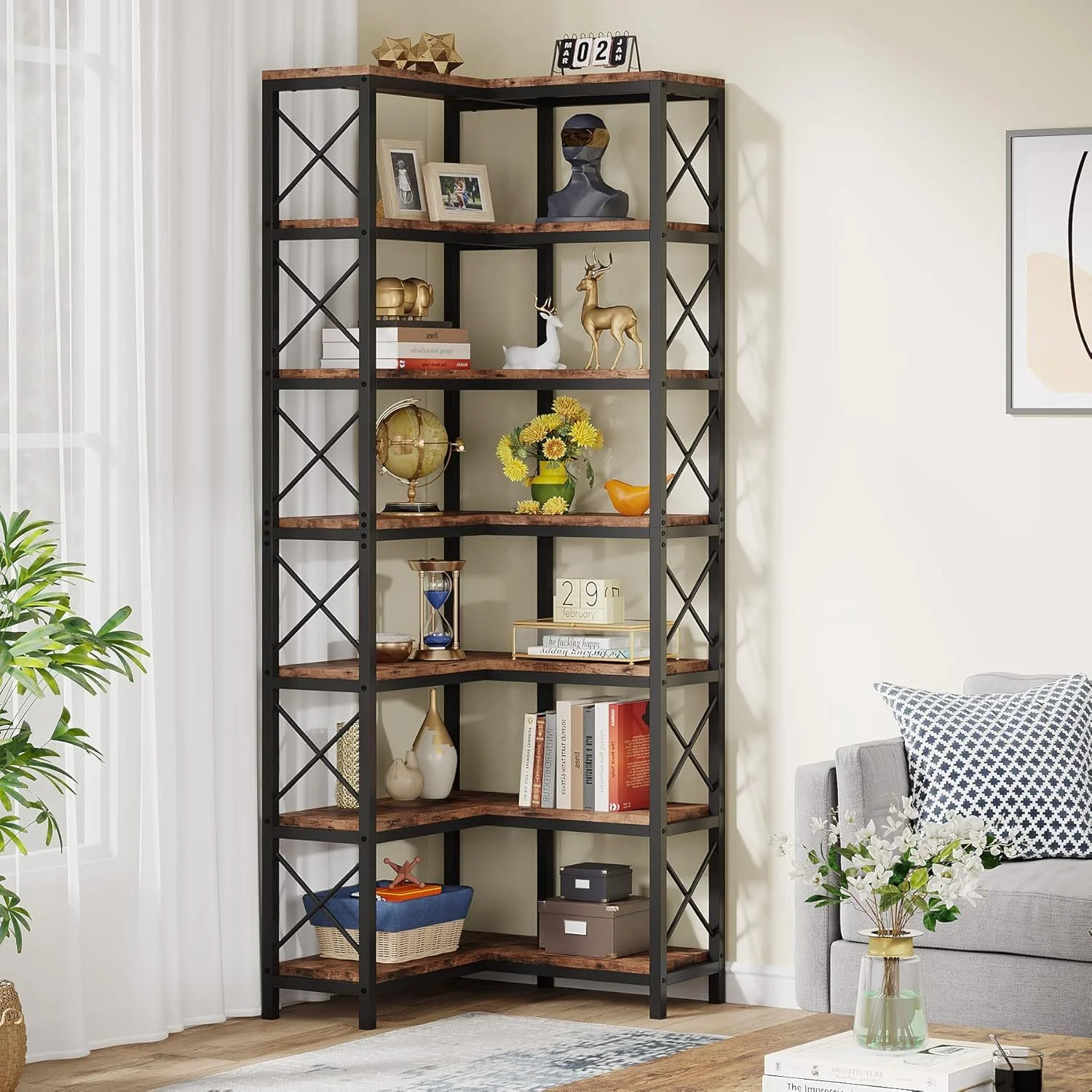 Rustic Brown Wood & Metal 7-Tier Corner Bookshelf - Image 7