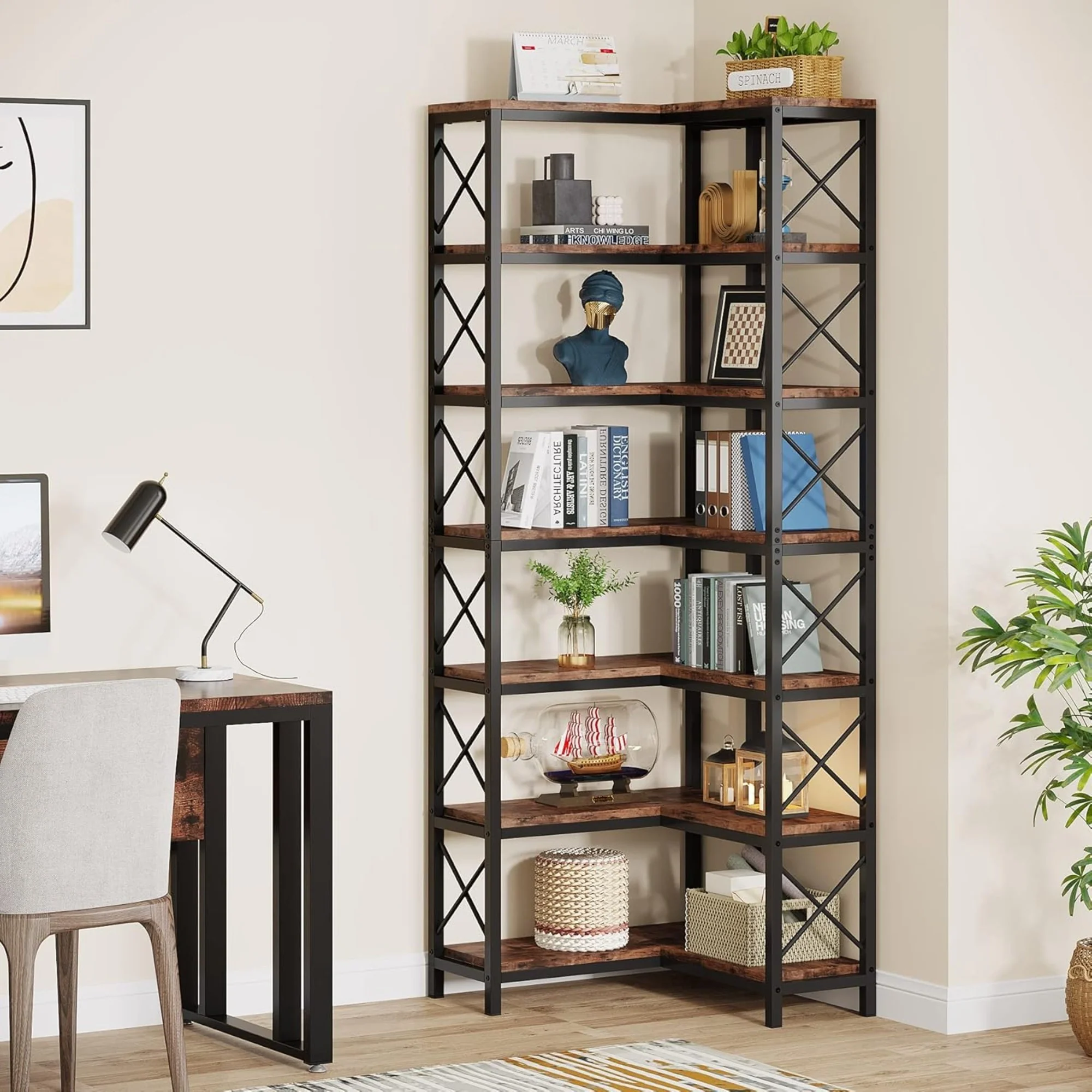 Rustic Brown Wood & Metal 7-Tier Corner Bookshelf - Image 8
