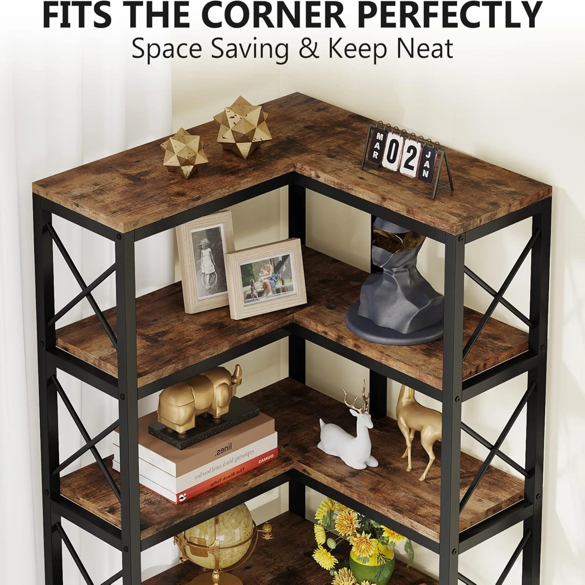 Rustic Brown Wood & Metal 7-Tier Corner Bookshelf - Image 9