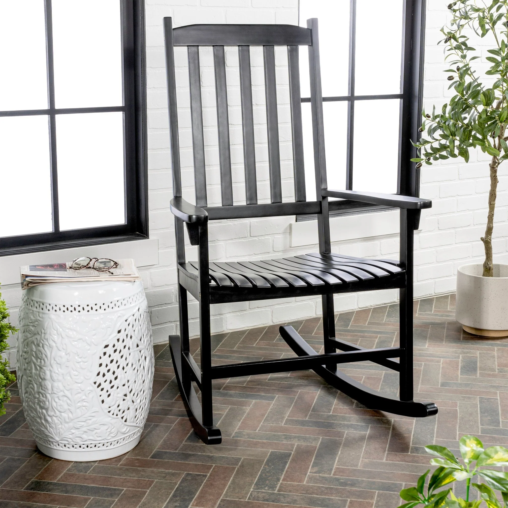 Seagrove Farmhouse Classic Slat-Back 350-LBS Support Acacia Wood Outdoor Rocking Chair, Black
