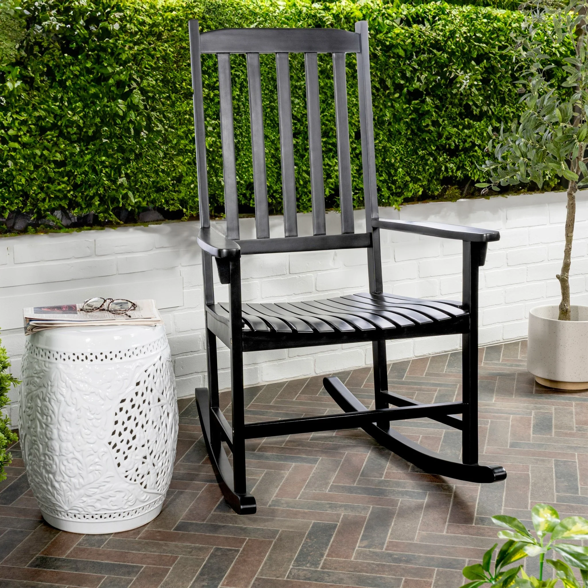 Seagrove Farmhouse Classic Slat-Back 350-LBS Support Acacia Wood Outdoor Rocking Chair, Black - Image 3