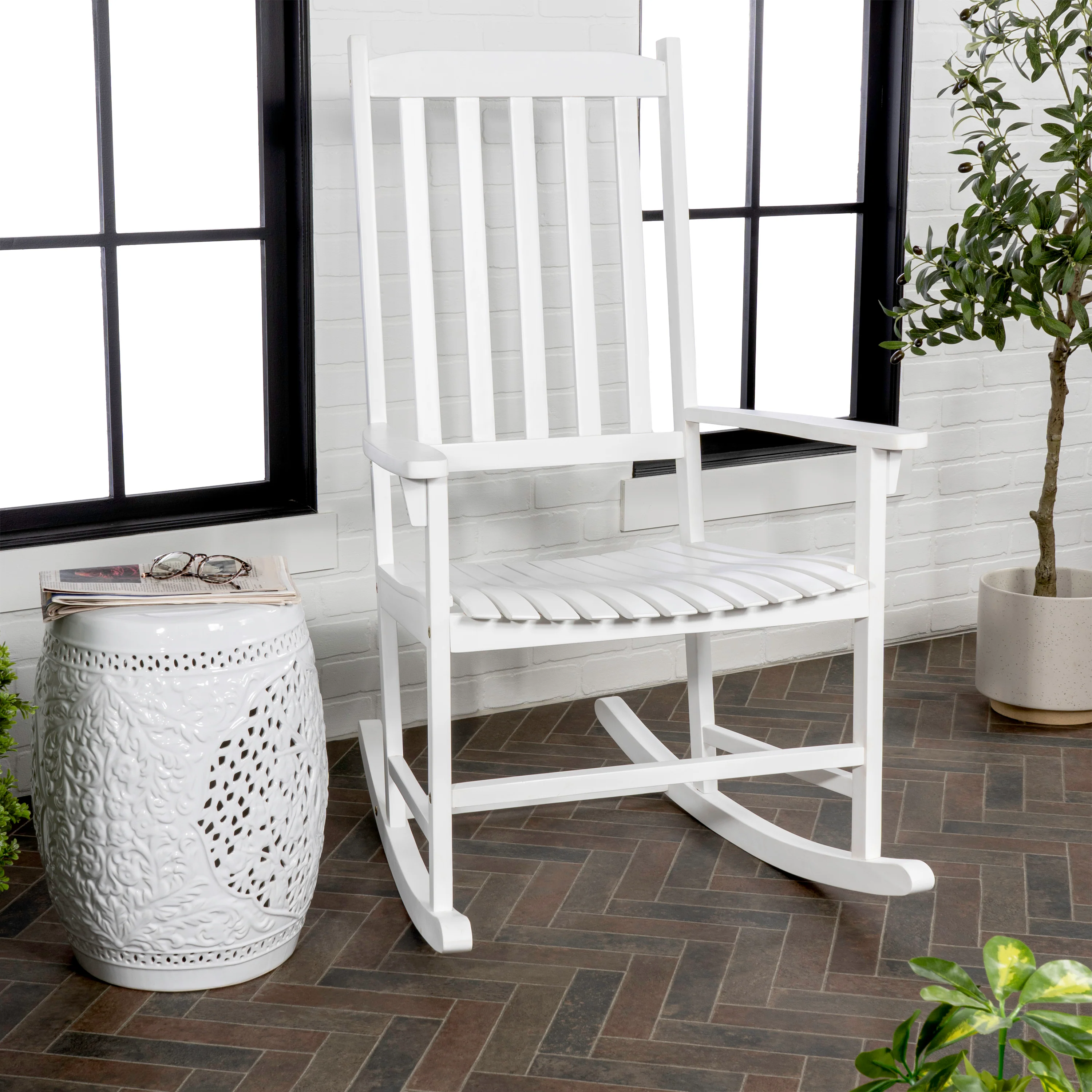 Seagrove Slat-Back Acacia Wood Outdoor Rocking Chair, White - Image 2