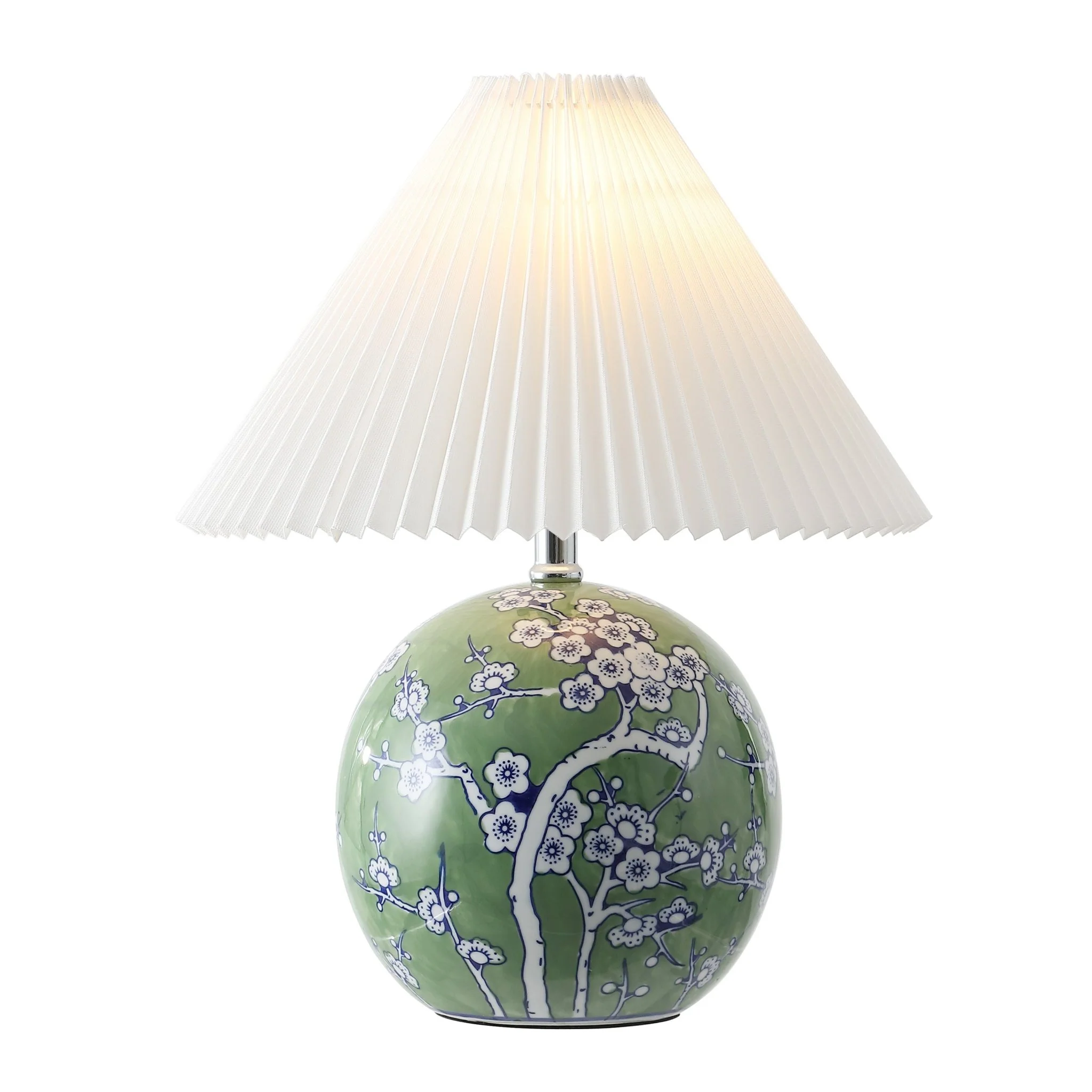 Shishen Cottage Classic Chinoiserie Ceramic Orb LED Table Lamp with Pleated Shade