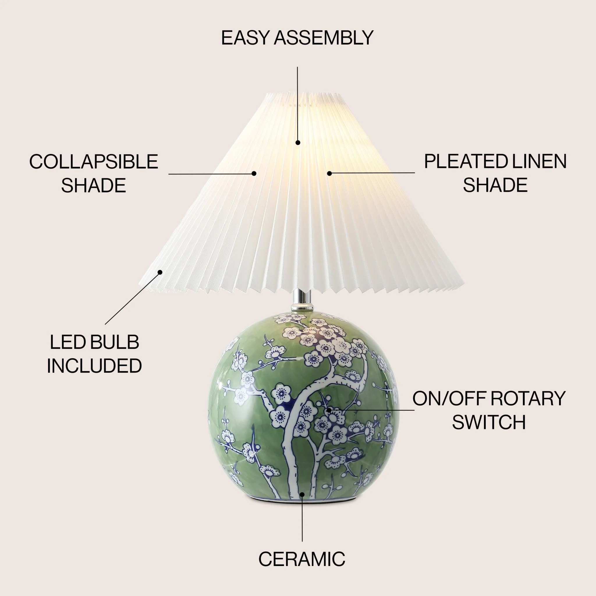 Shishen Cottage Classic Chinoiserie Ceramic Orb LED Table Lamp with Pleated Shade - Image 3