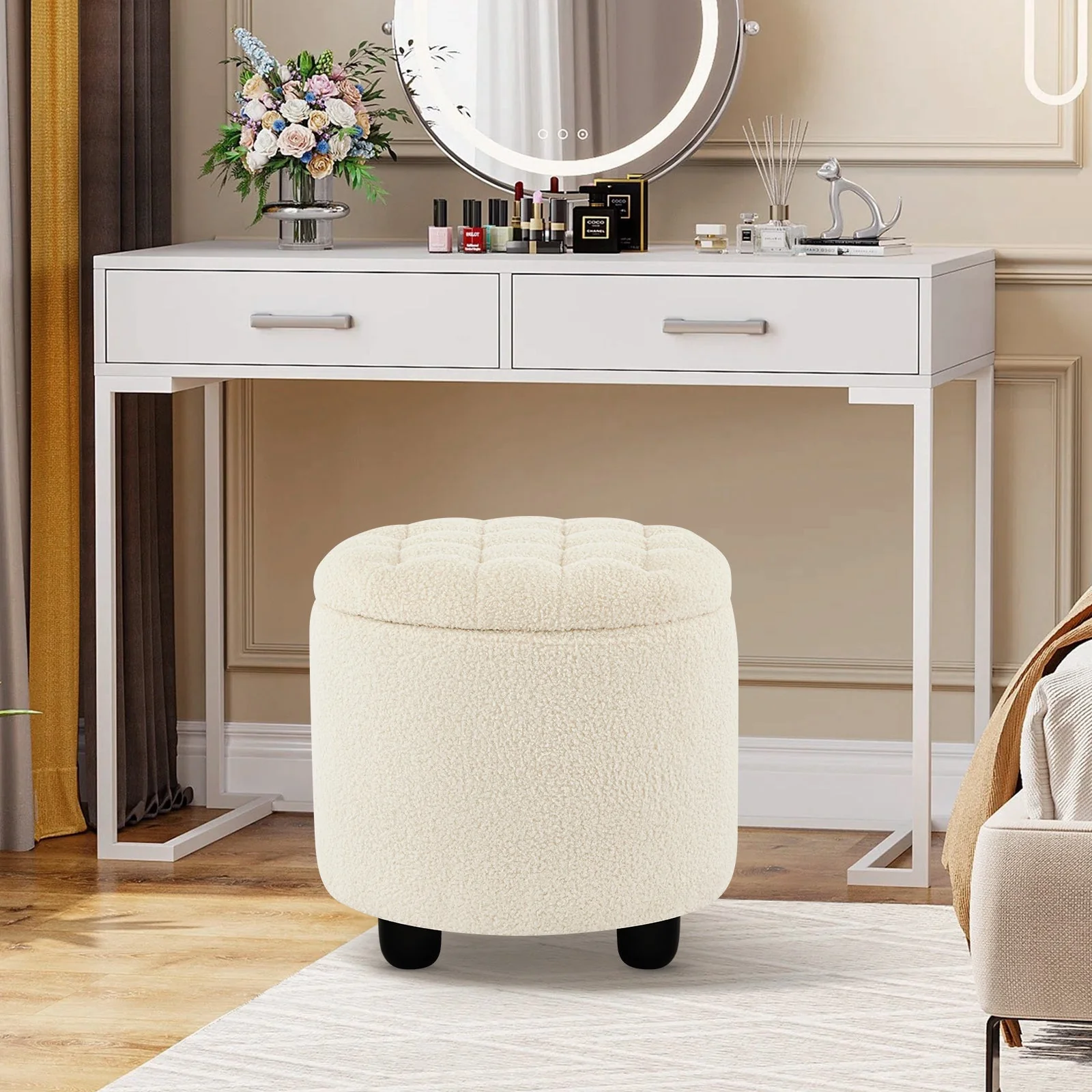 Small Upholstered Circle Pouf Footstool with Removable Lid Storage - Image 26