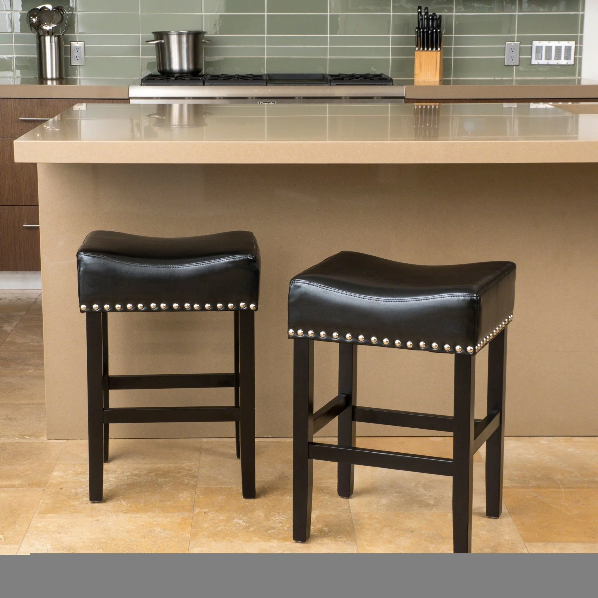 Soltique Backless Dining Counter Stool with Leather Upholstered and Nailhead Trim, Set of 2 - Image 3