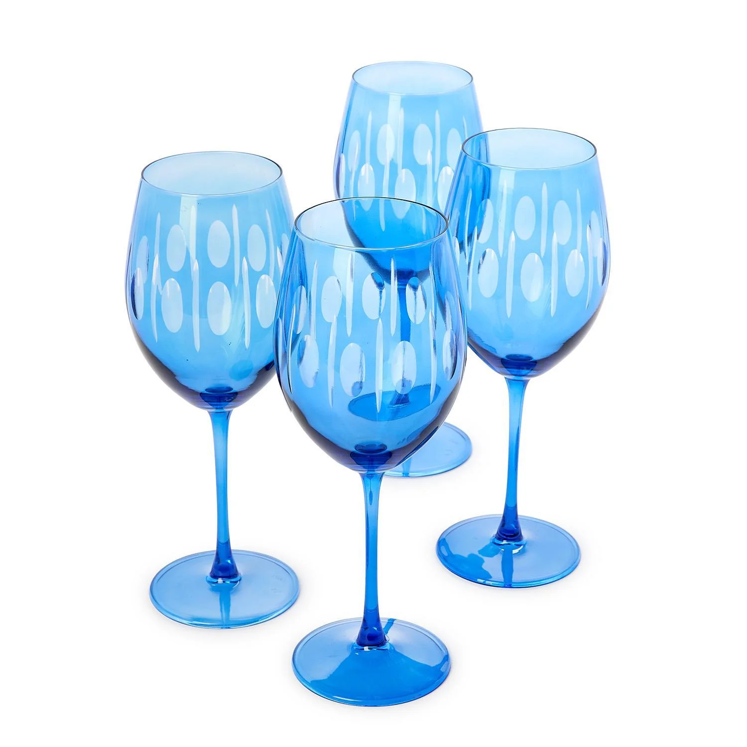 Sparkling Cut Blue Hand Engraved Stemmed Wine Glasses, Set of 4