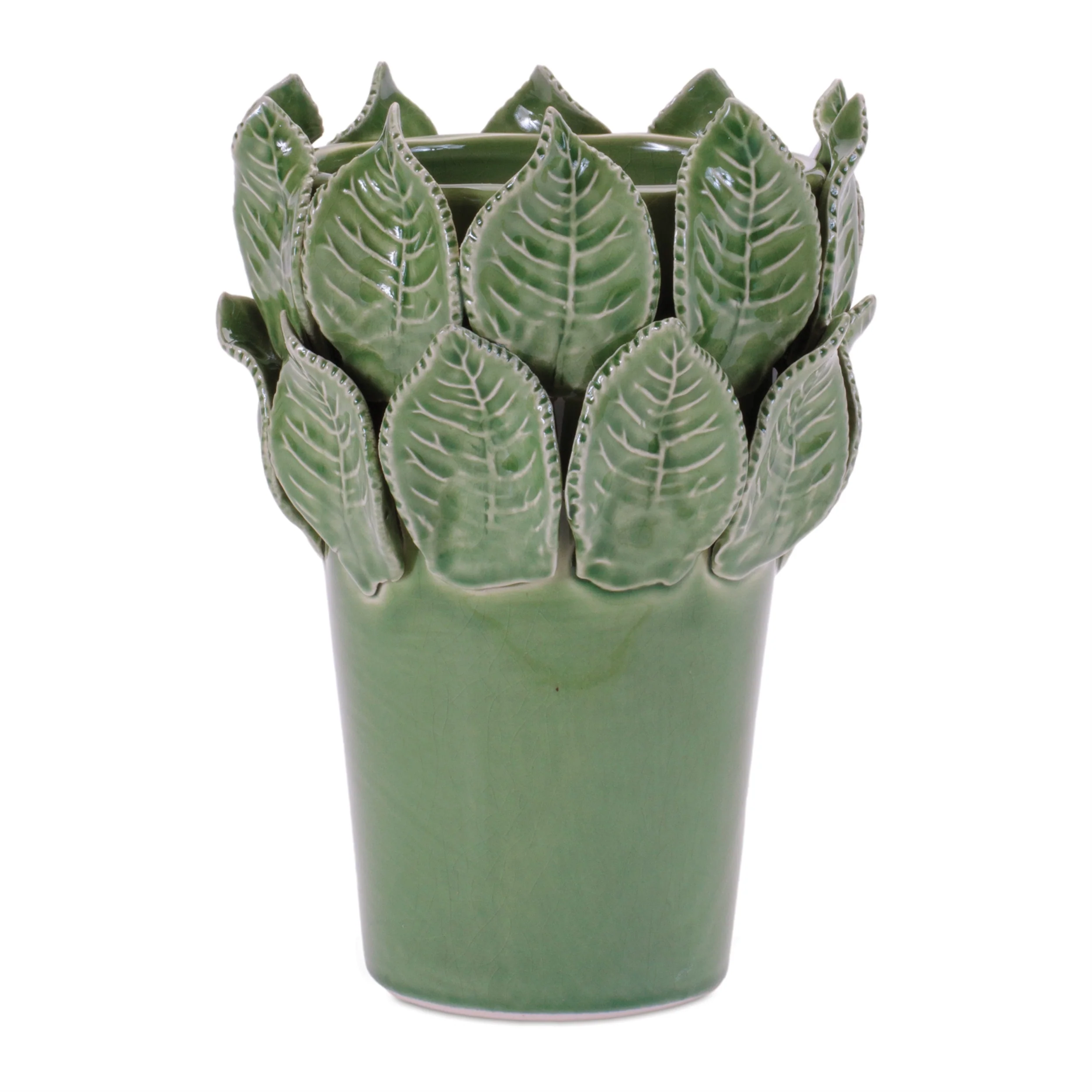 Stoneware Vase with Leaves Accent 7.5"H