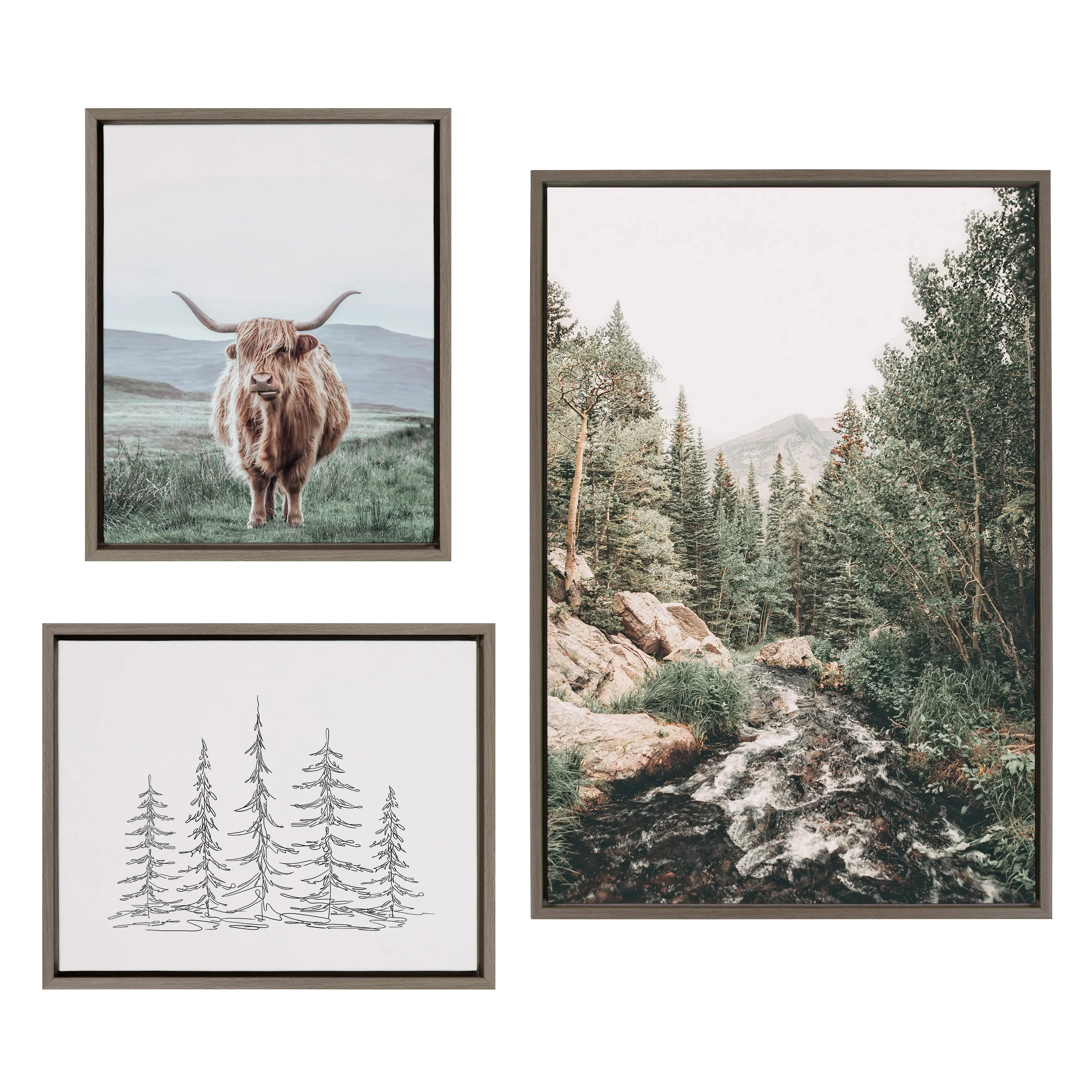 Sylvie Meet Me Here, Highland Cow Muted Mountain Landscape and Minimalist Evergreen Trees Sketch Framed Canvas Set by Various Artists - Image 17