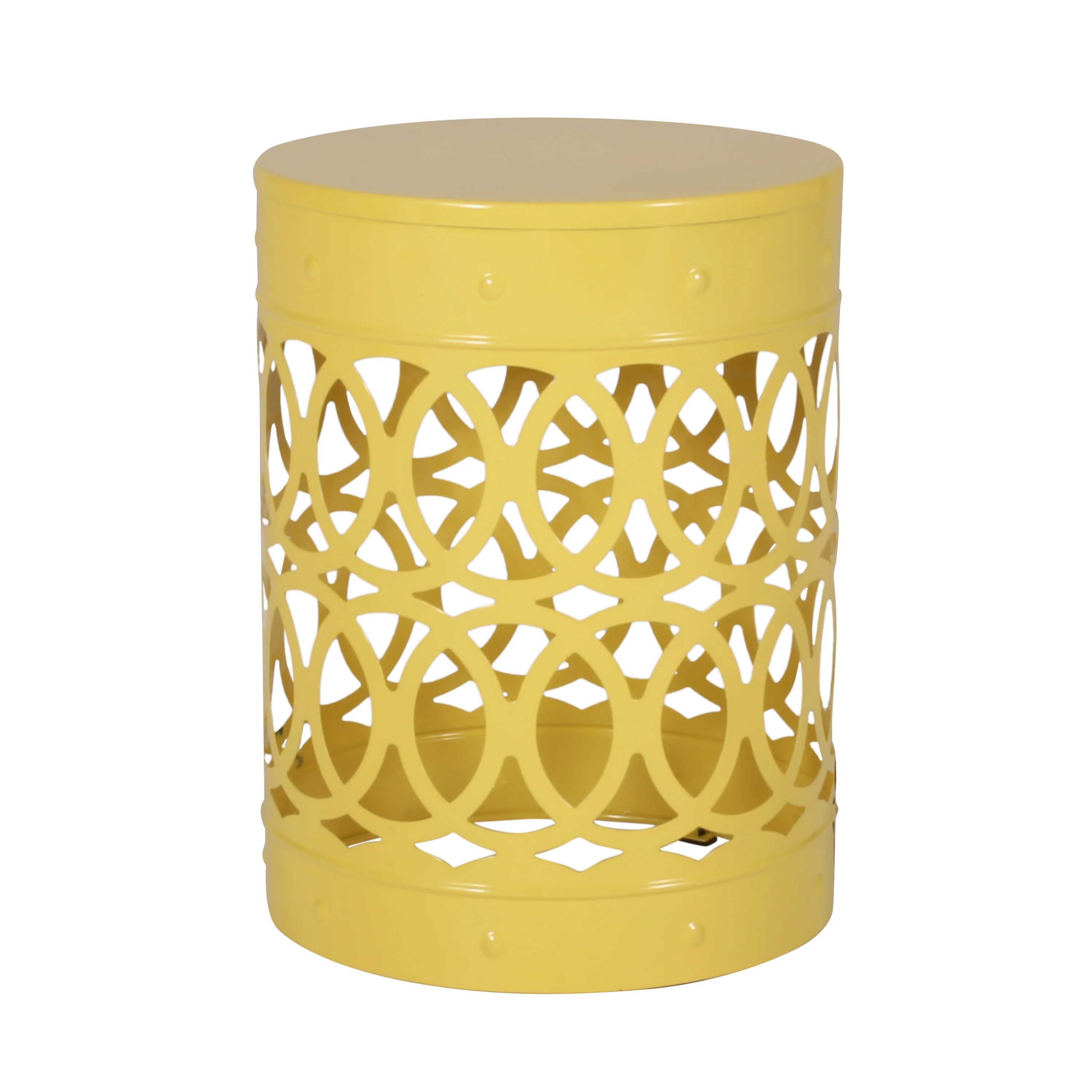 Symmetry Yellow Outdoor Cylindrical End Table with Overlapping Circle Pattern - Image 3