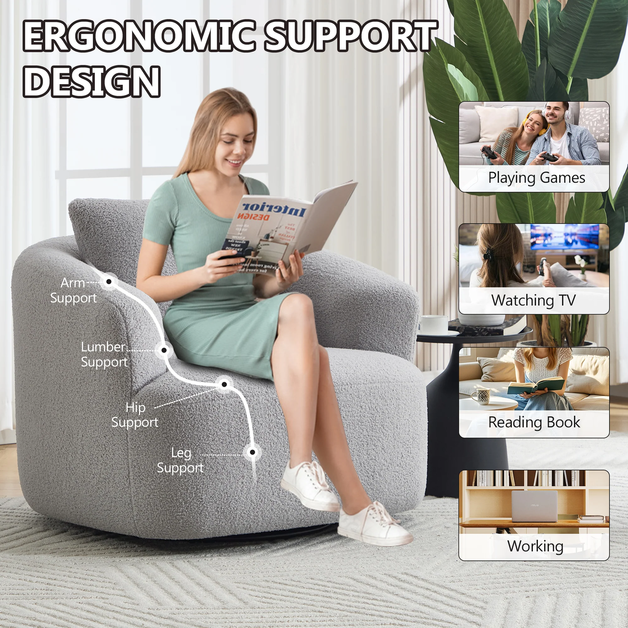 Teddy Fleece 360° Swivel Round Upholstered Comfy Accent Chair With Pillow - Image 68