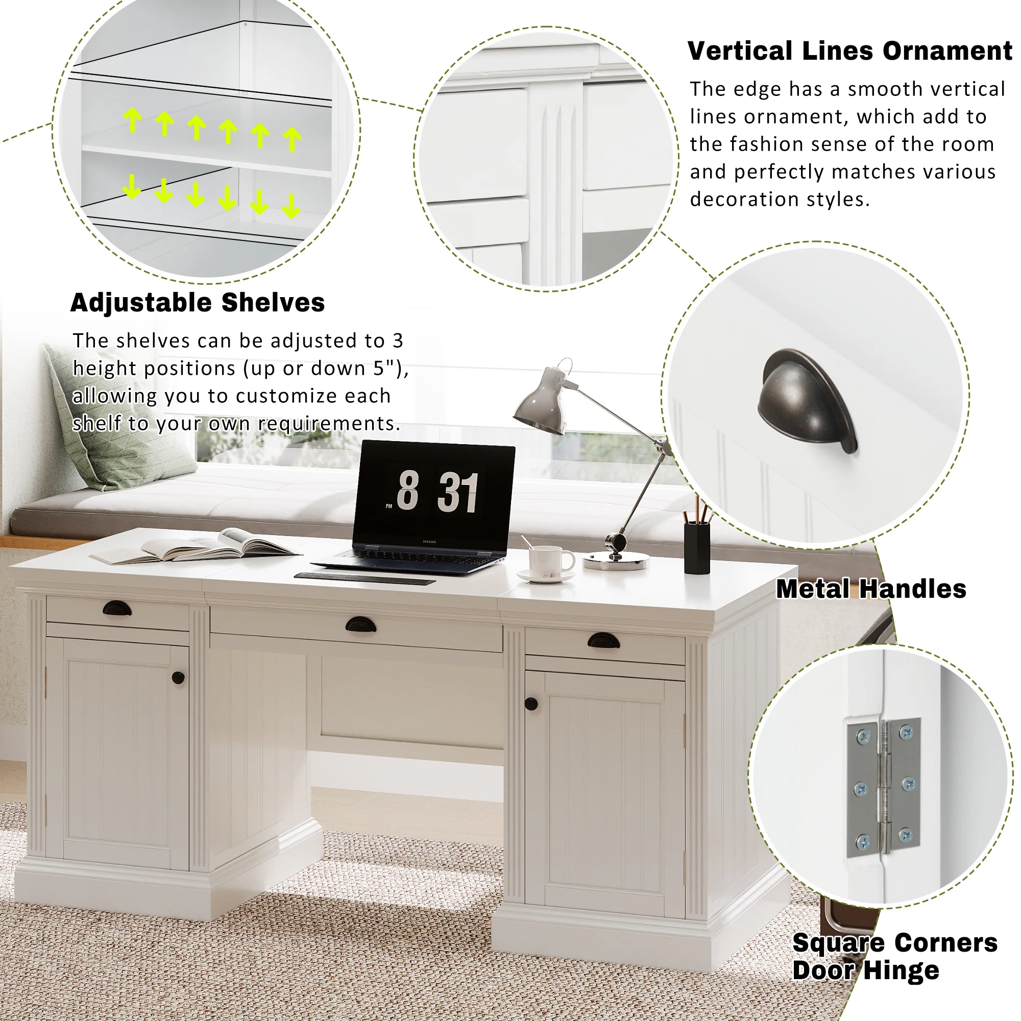 Traditional Home Office Desk with 2 Cabinets and 3 Drawers - Image 6