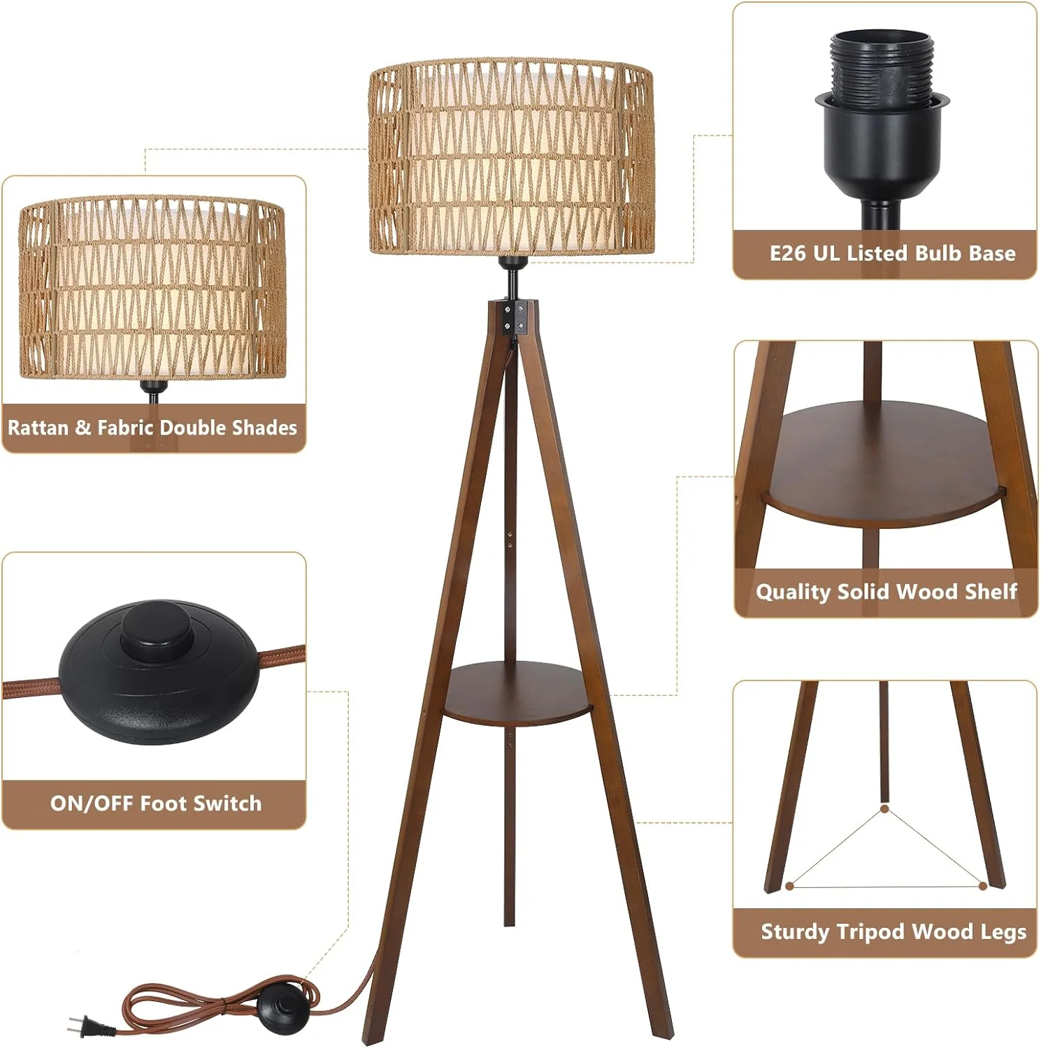 Tripod Floor Lamp with Shelf and Rattan Shades - Image 5