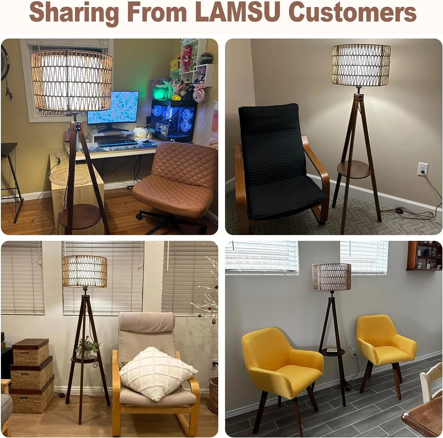 Tripod Floor Lamp with Shelf and Rattan Shades - Image 7