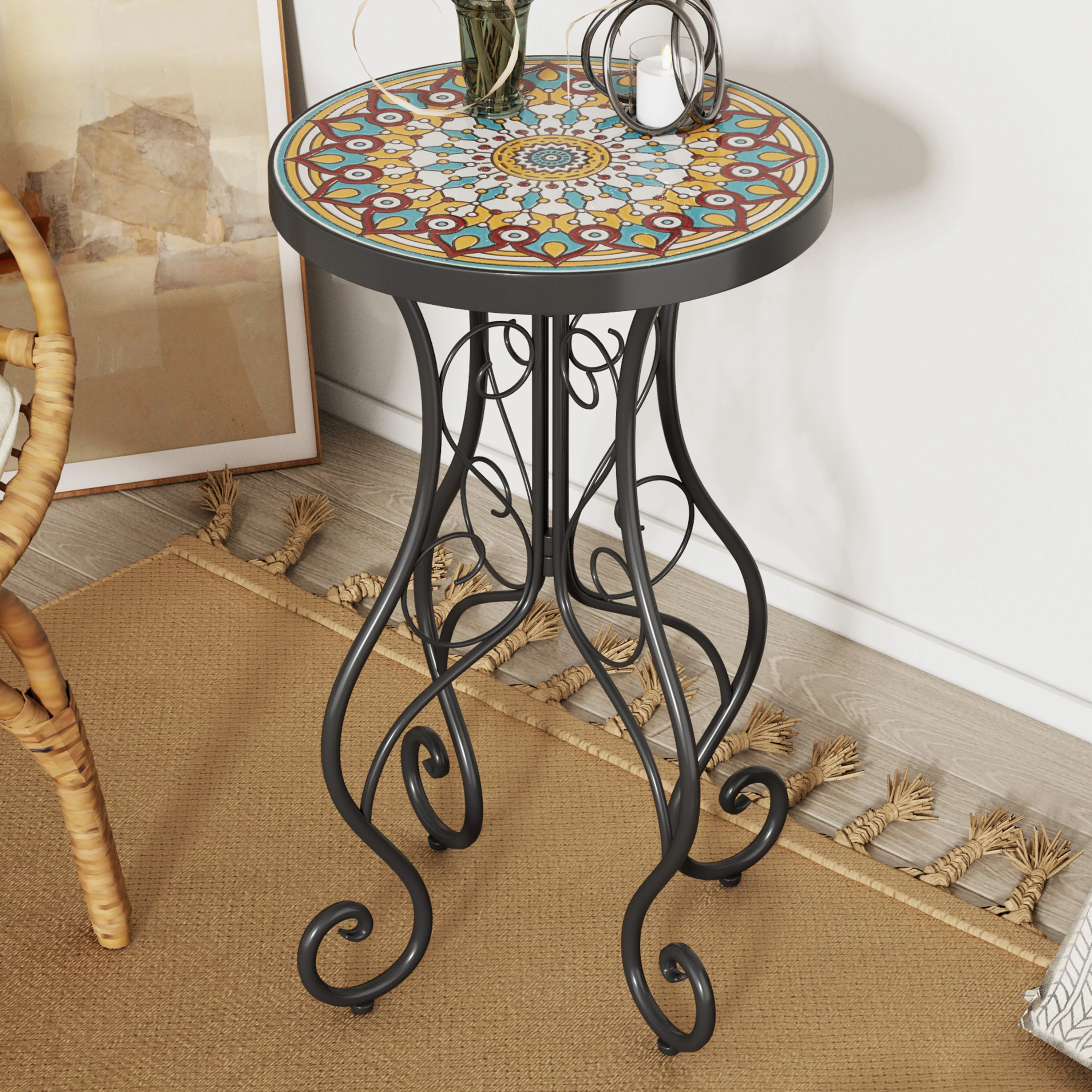Unending Outdoor Ceramic Tile Side Table with Medallion Design - Image 2