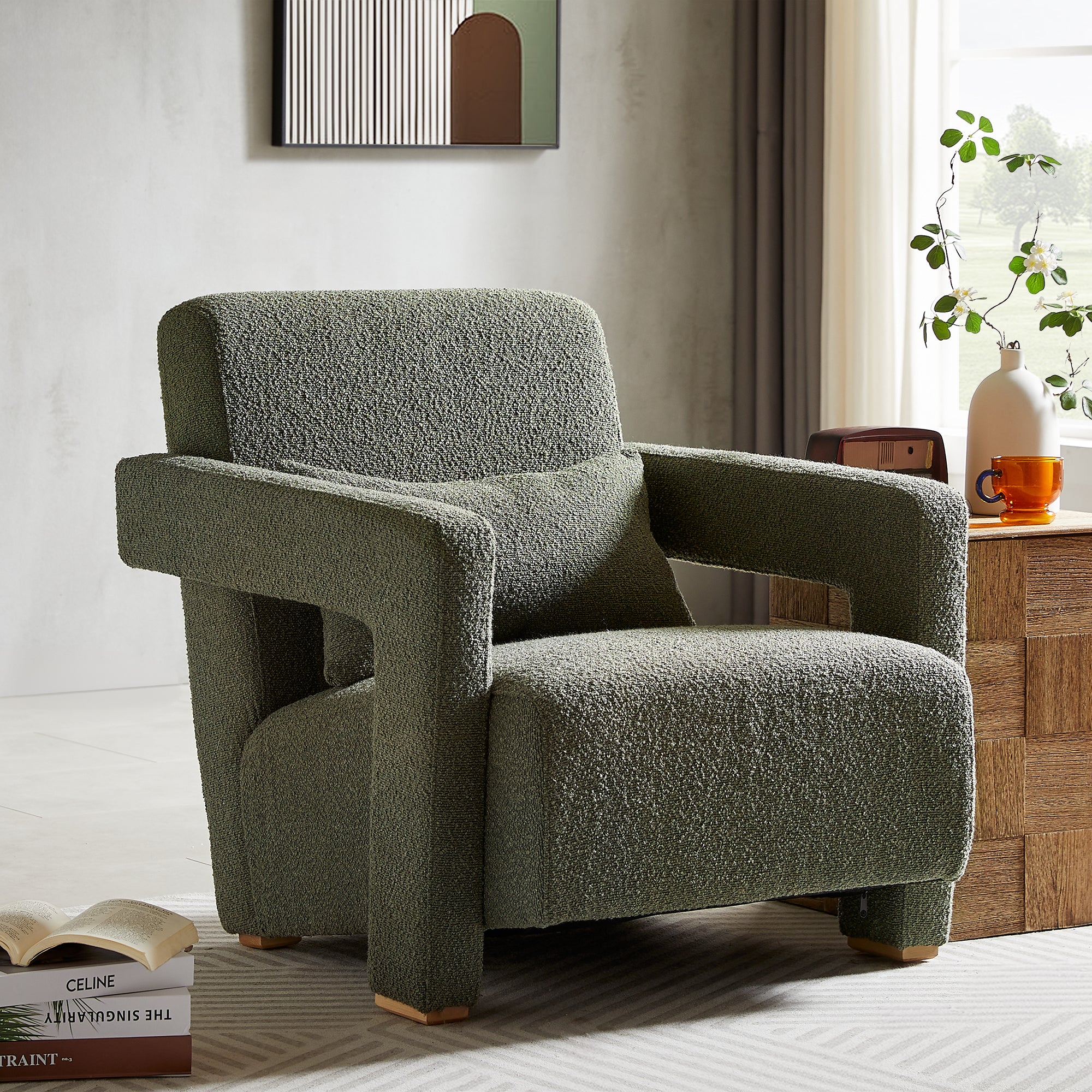Upholstered Accent Chair with Wood Legs and Open Arms - Image 2