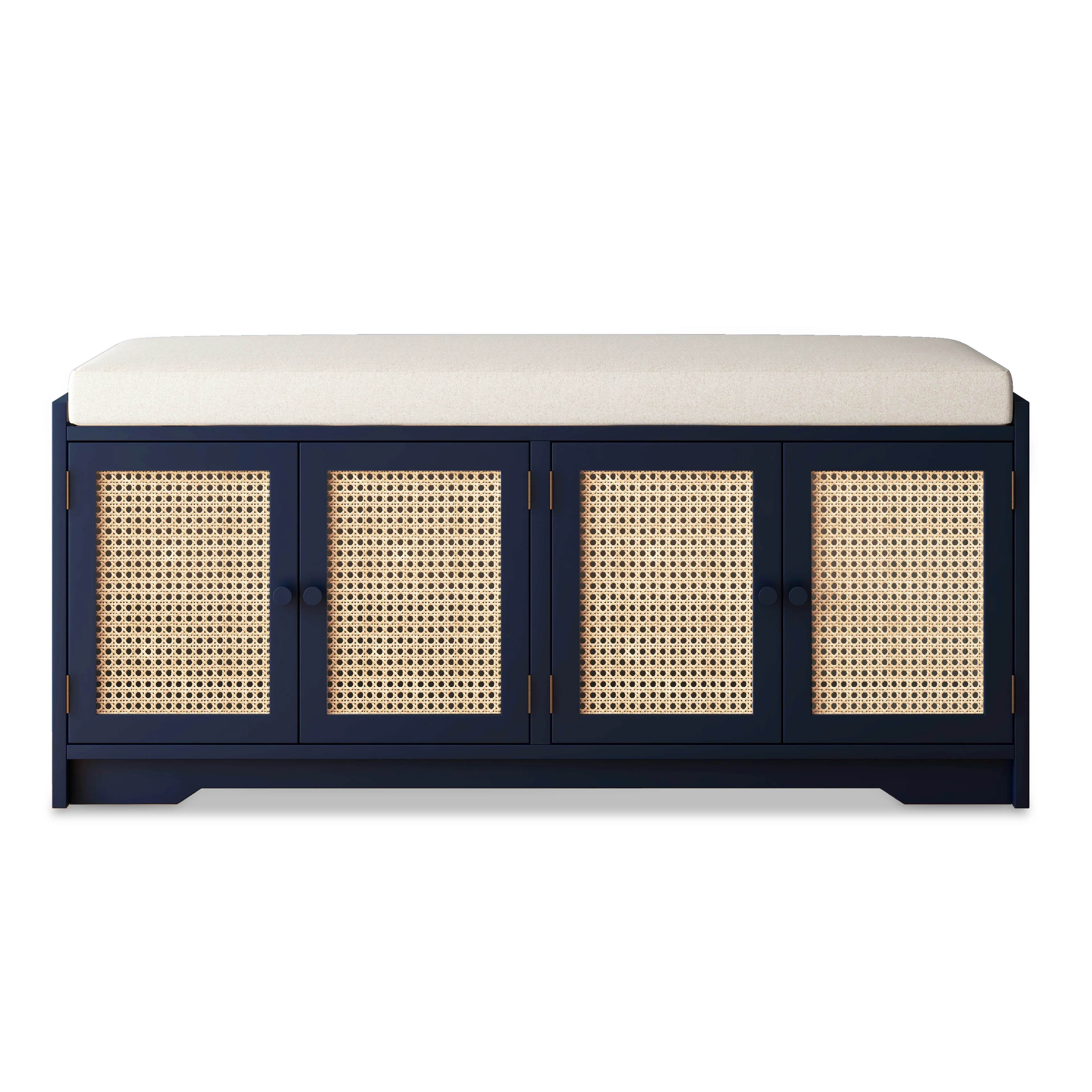 Upholstered Bench with Storage Cabinet and 4 Rattan Doors - Image 4