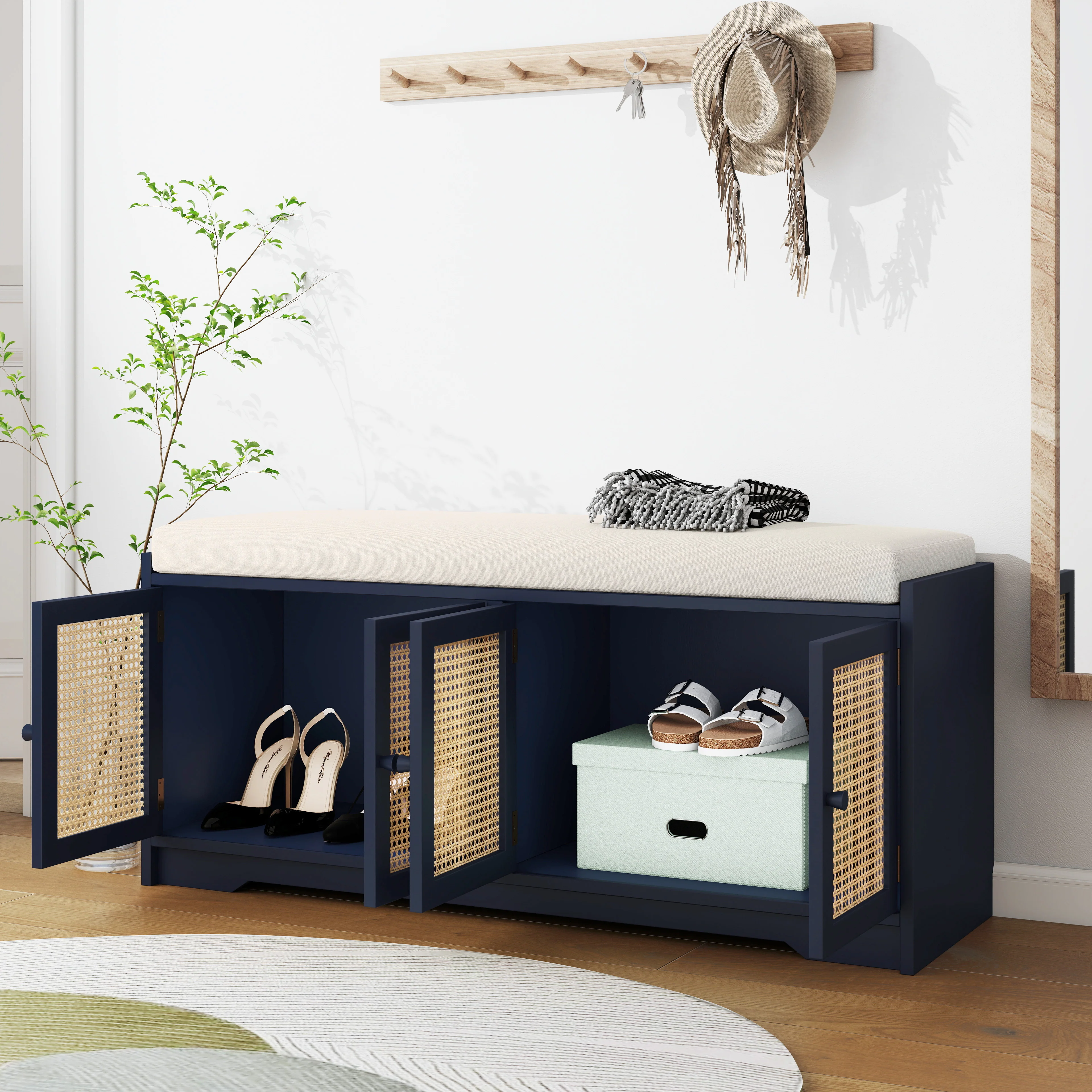 Upholstered Bench with Storage Cabinet and 4 Rattan Doors - Image 9
