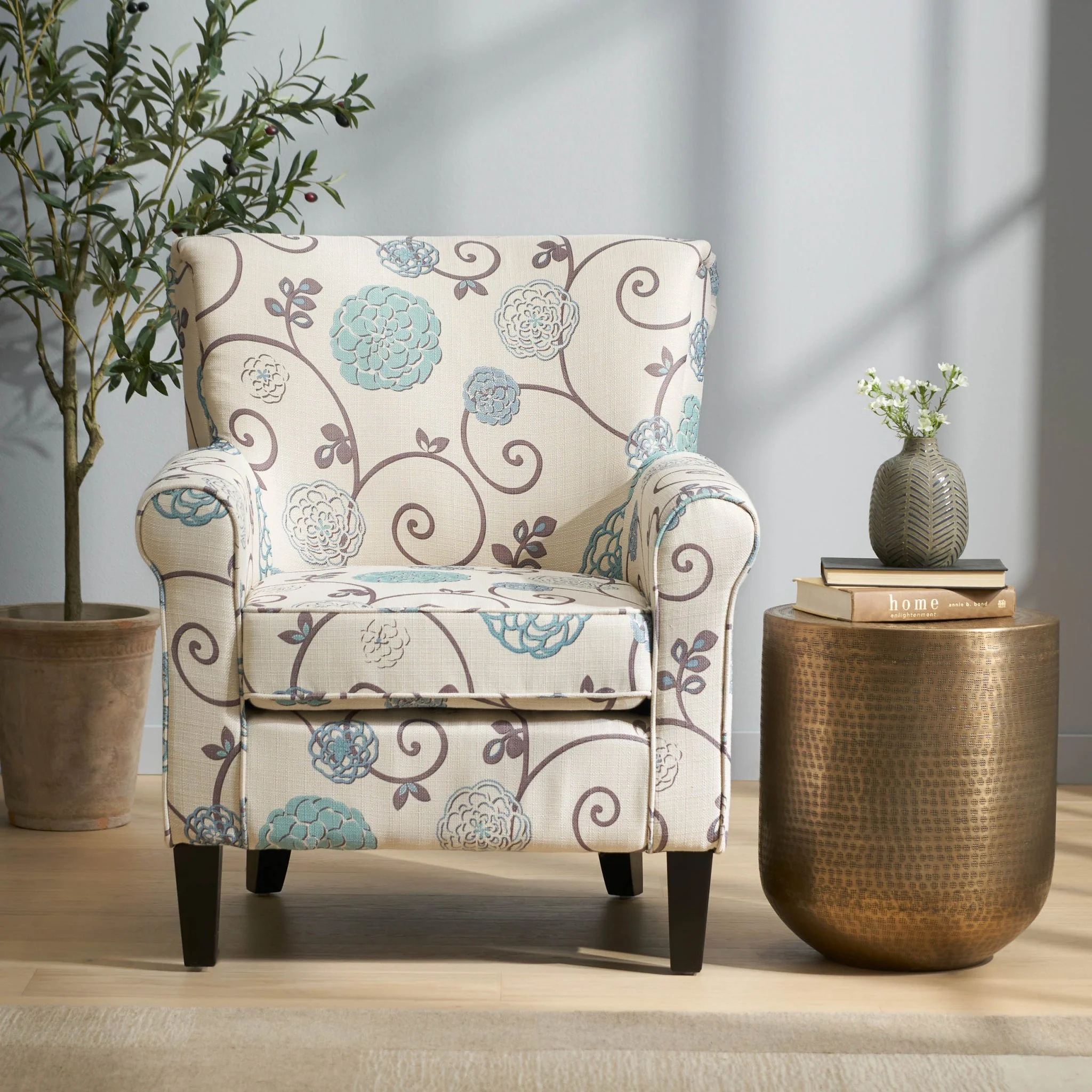 Upholstered Chair with Floral Pattern Design and Solid Wood Legs - Image 6