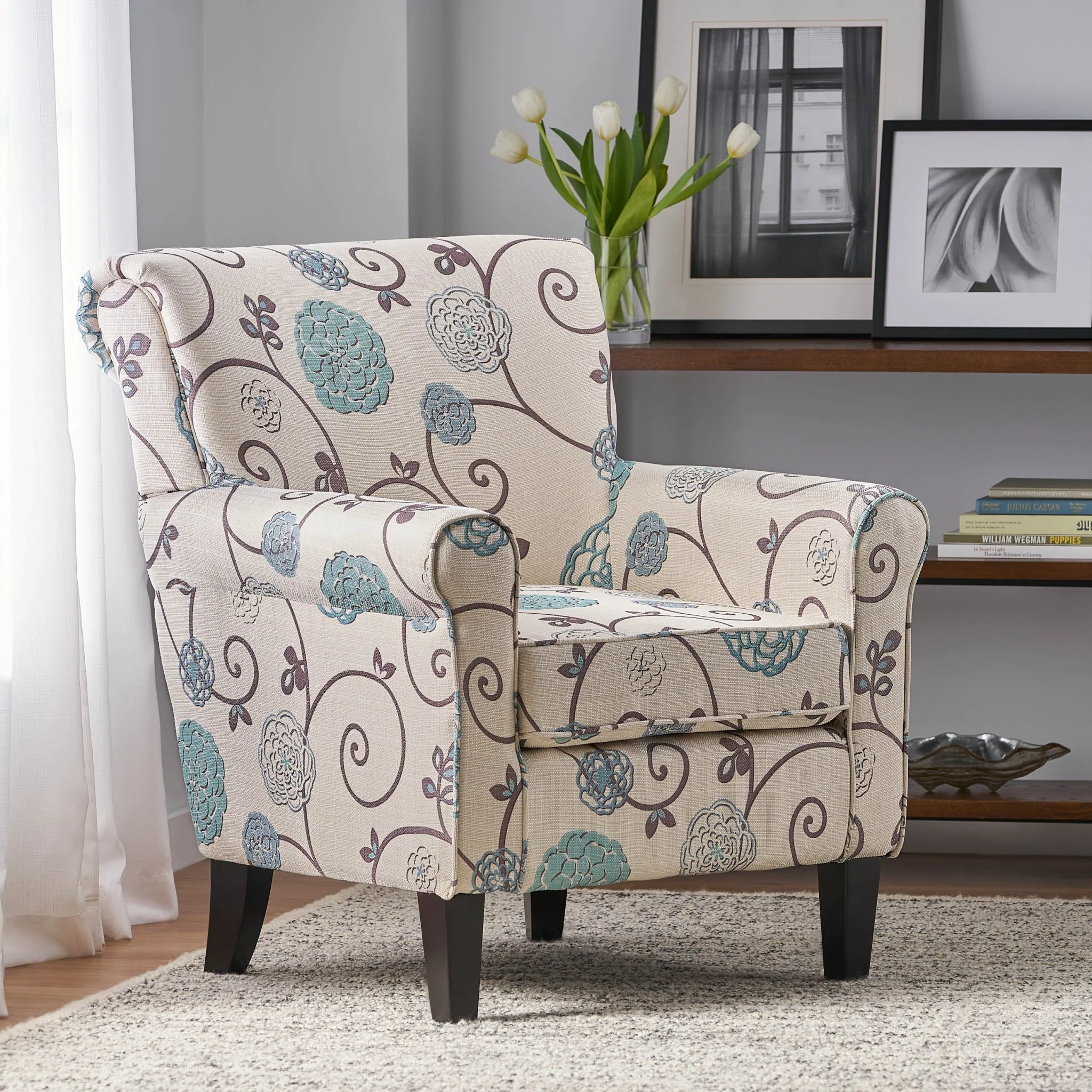 Upholstered Chair with Floral Pattern Design and Solid Wood Legs - Image 7