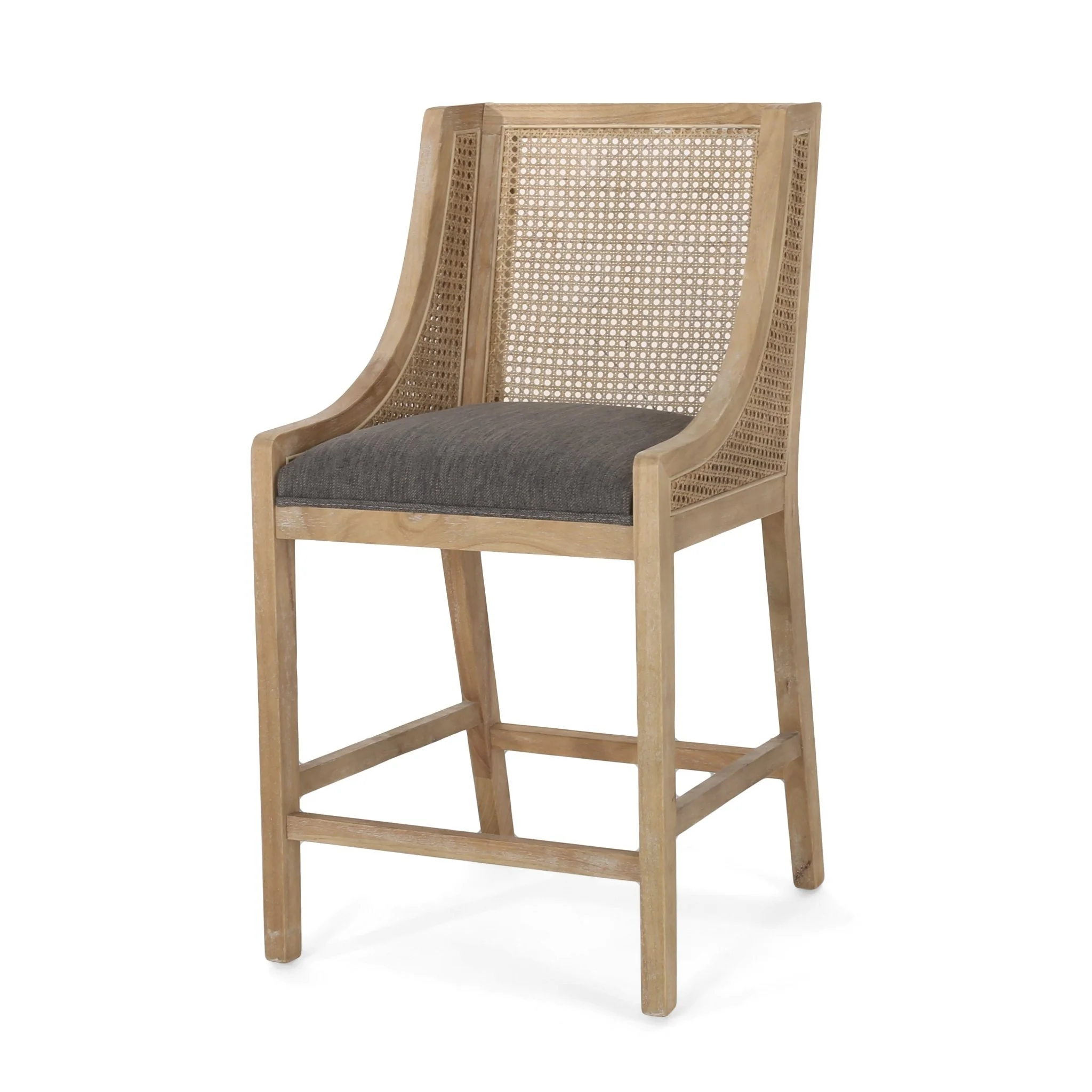 Upholstered Counter Stool with Cane Webbing Backrest, Set of 2 - Image 2