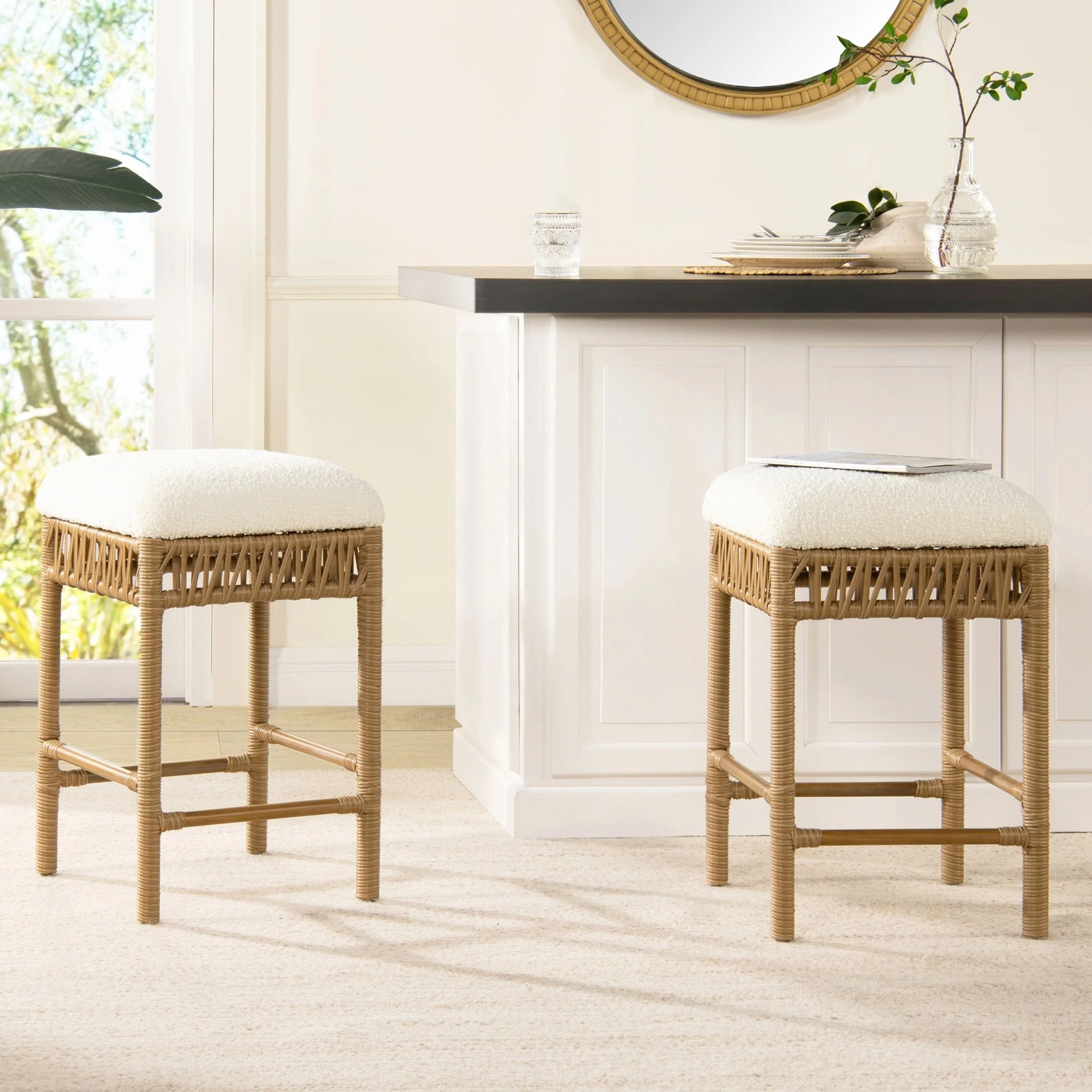 Upholstered Counter Stool with Resin Rattan Frame and Backless Design - Image 5