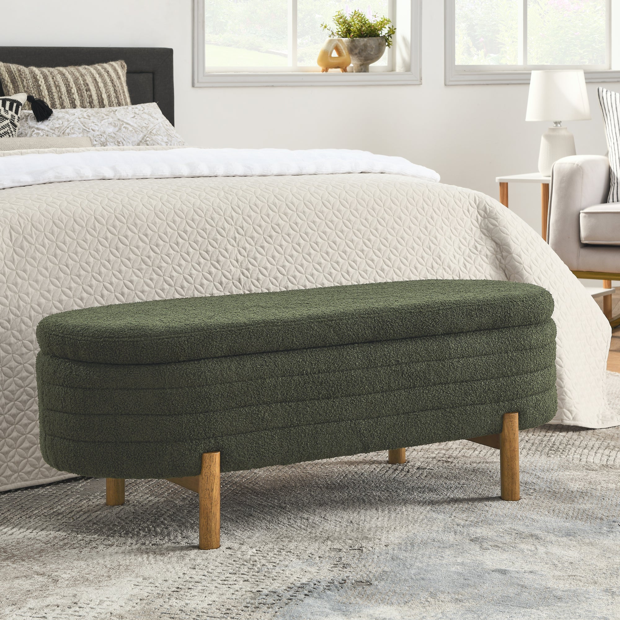 Upholstered Oval Storage Bench with Rubber Wood Legs - Image 2