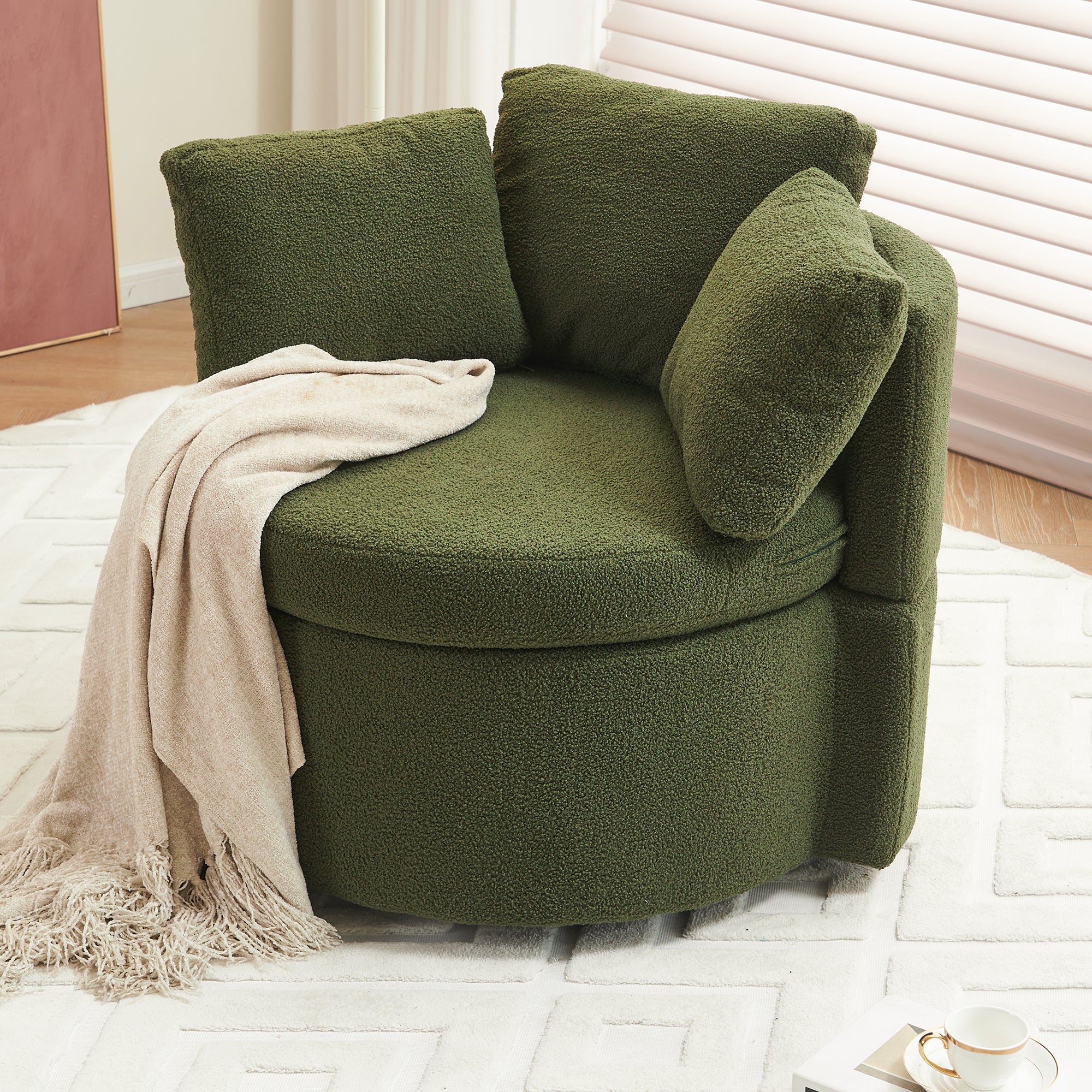Upholstered Swivel Chair with 3 Throw Pillows and Storage - Image 2