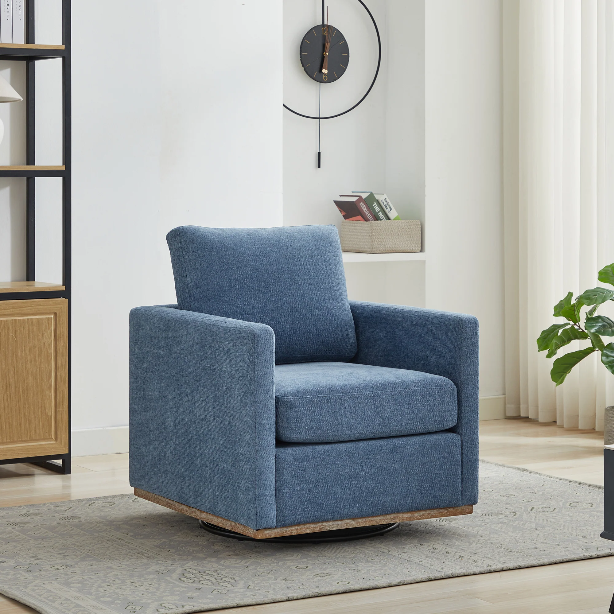 Upholstered Swivel Chair with Square Arms and Metal Base - Image 2