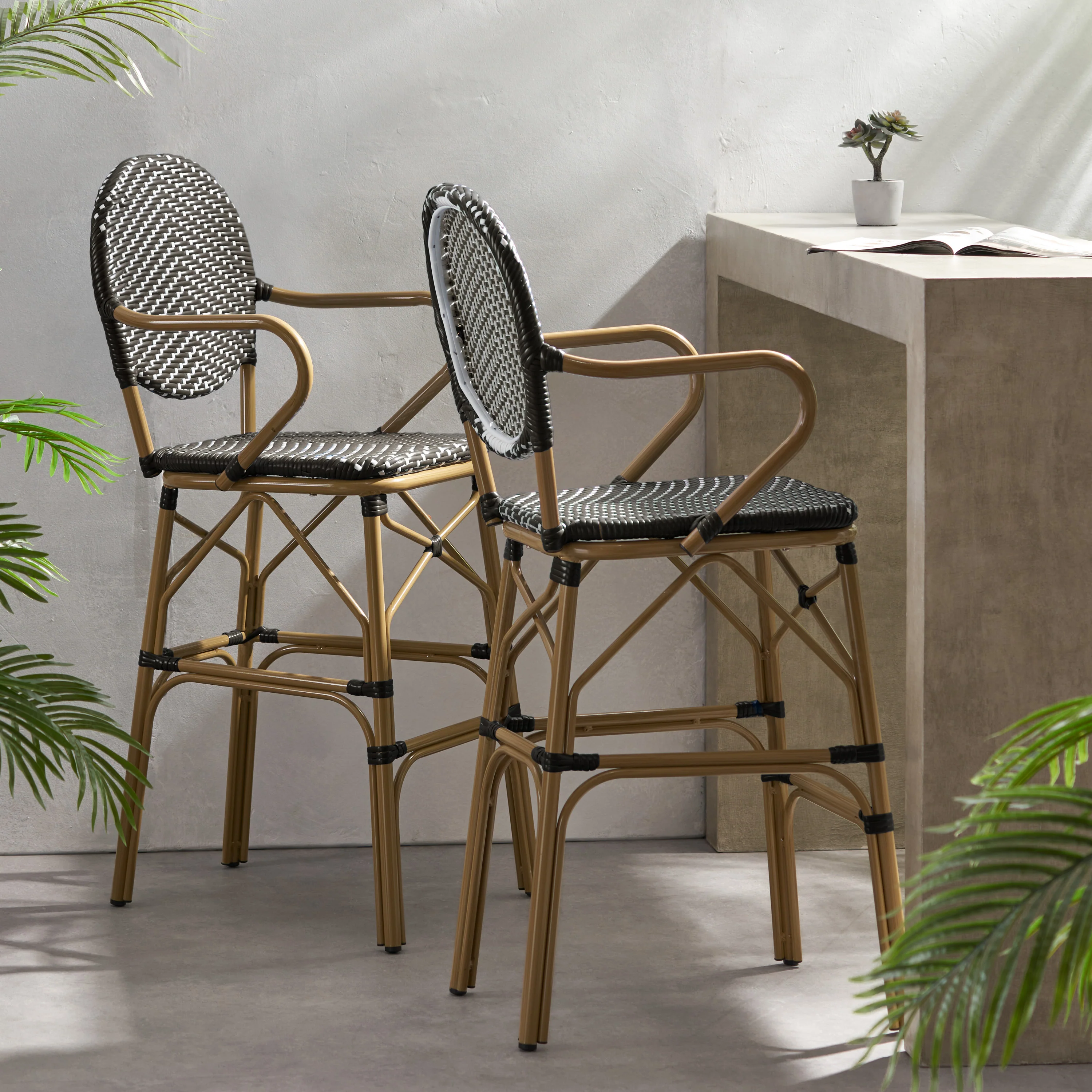 Valorous Outdoor Wicker Bar Stool with Round Back and Curved Arms, Set of 2 - Image 9
