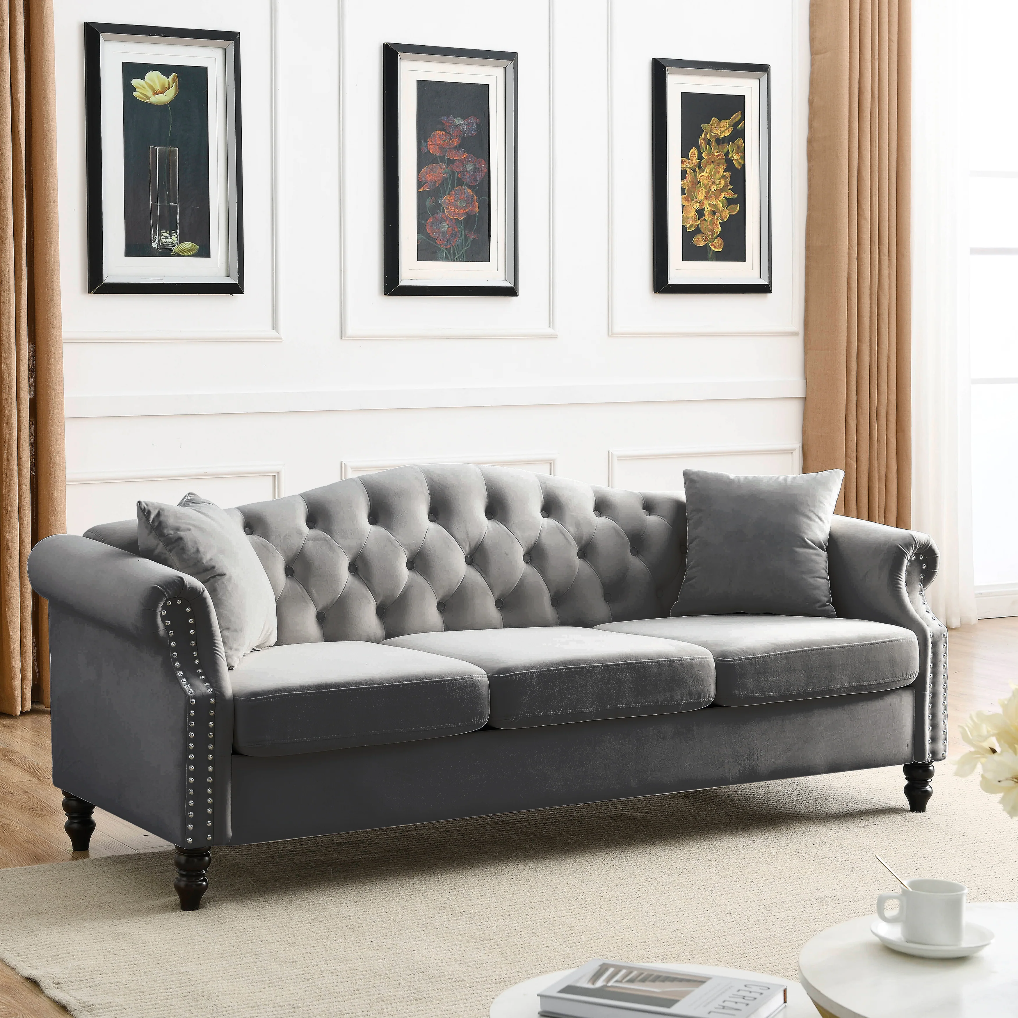 Nailhead Velvet Pitched Back Chesterfield 3-Seater Sofa - Image 42